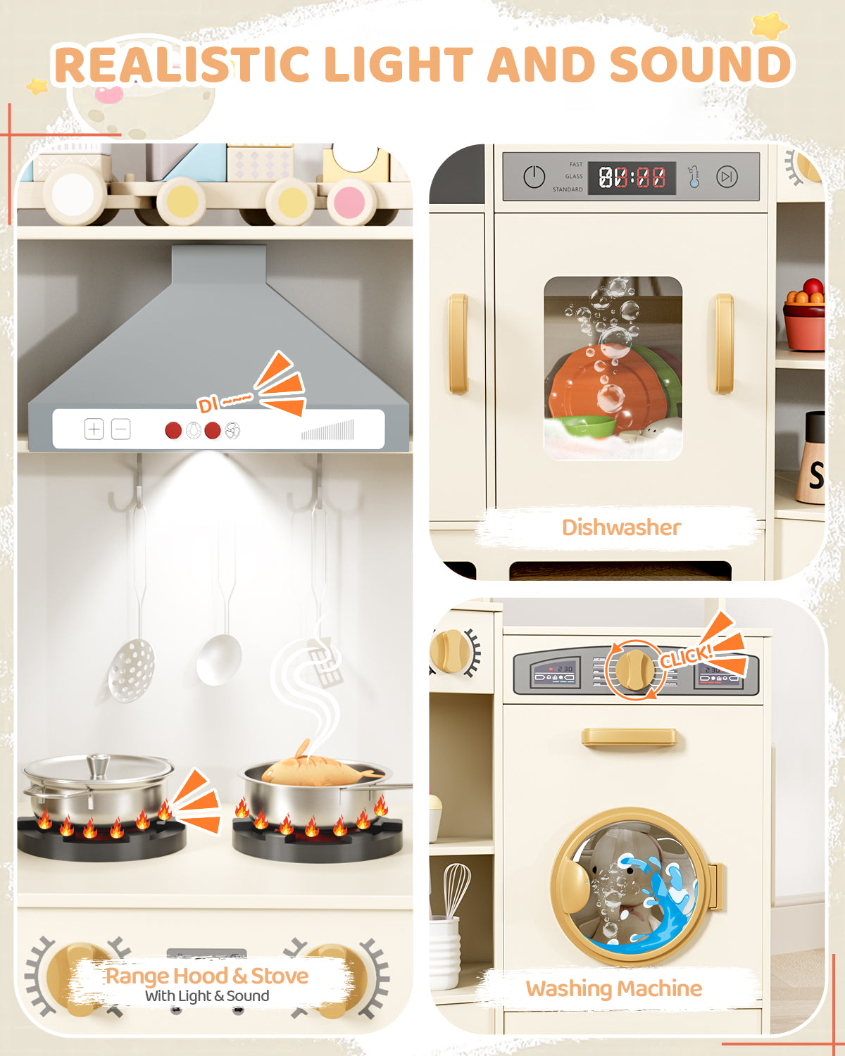 Pirecart Wooden Corner Play Kitchen, Kids Play Kitchen with Blackboard and 6Pcs Cooking Accessories, Toddler Play Kitchen Set with Realistic Sound & Light