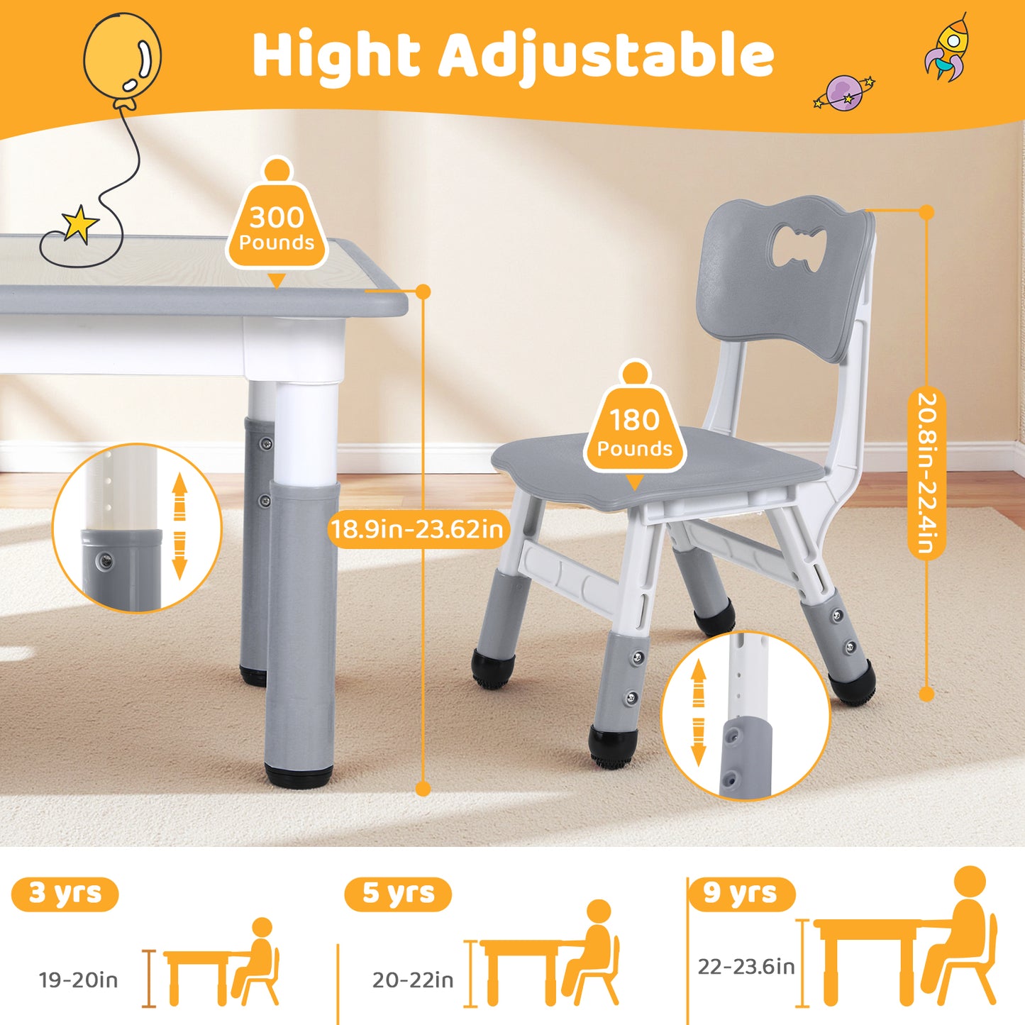 Pirecart Kids Table and 2 Chairs Set Activity Table Height Adjustable Toddler Art Desk for Reading Drawing Eating, Suitable for Ages 3-9
