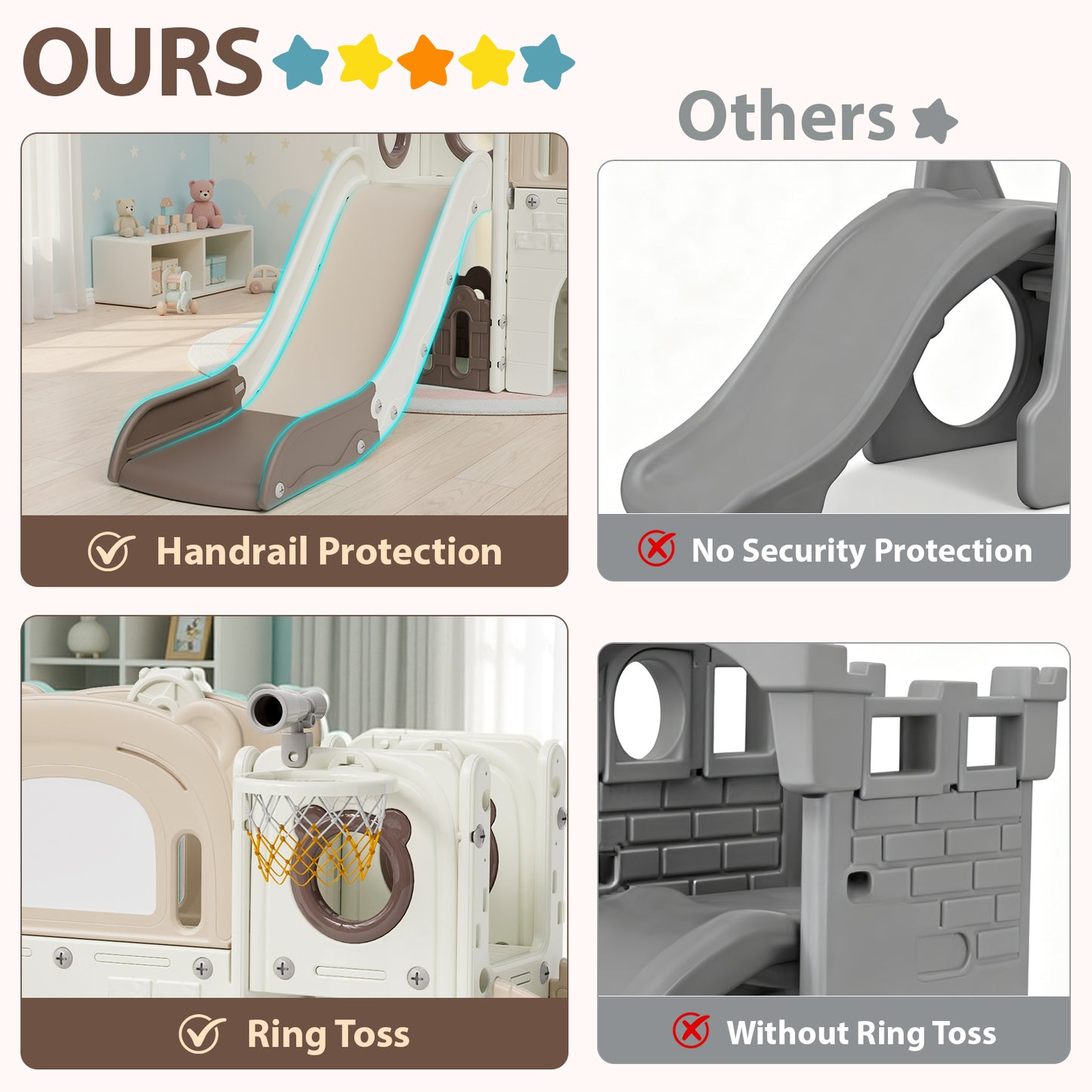 Pirecart 10-in-1 Kids Slide, Indoor Outdoor Toddler Slide Playground with Drawing Board, Basketball Hoop, Tunnel & Storage for Playroom, Kindergarten, Backyard, Gift for Children Age 3+