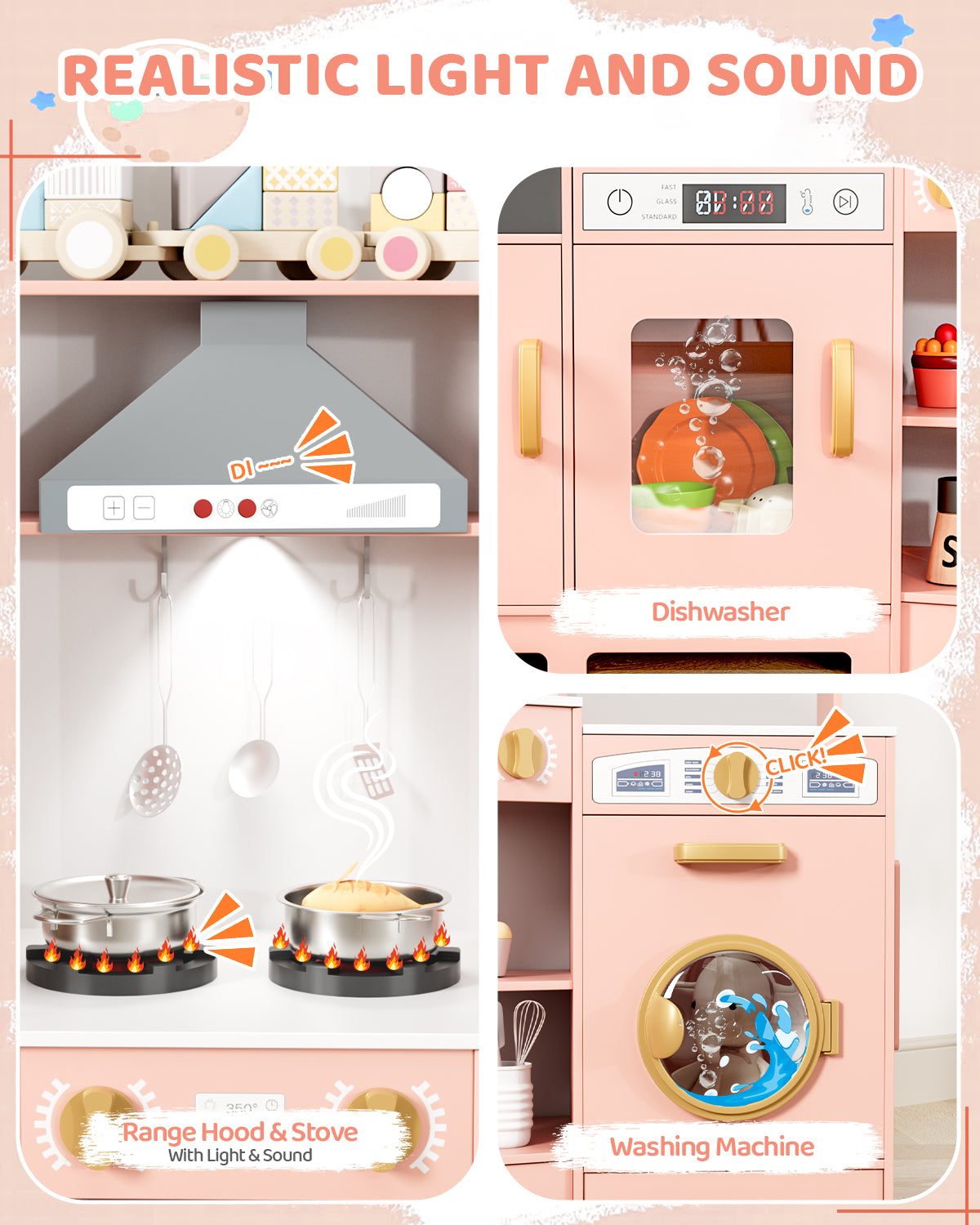 Pirecart Wooden Corner Play Kitchen, Kids Play Kitchen with Blackboard and 6Pcs Cooking Accessories, Toddler Play Kitchen Set with Realistic Sound & Light