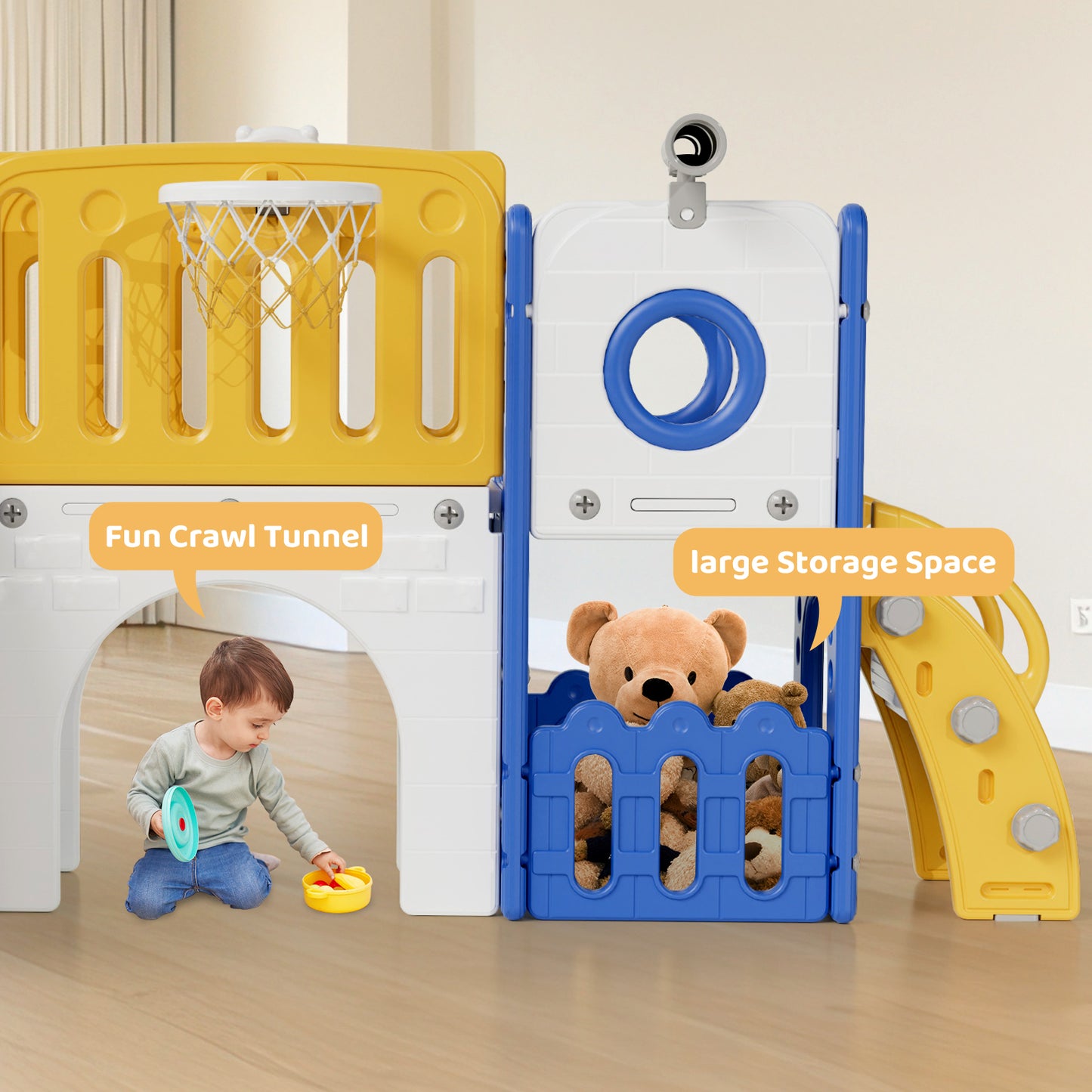 Pirecart Large Toddler Slide, Indoor Outdoor Kids Climber Playset with Basketball Hoop, Storage Space, Tunnel for Boys and Girls