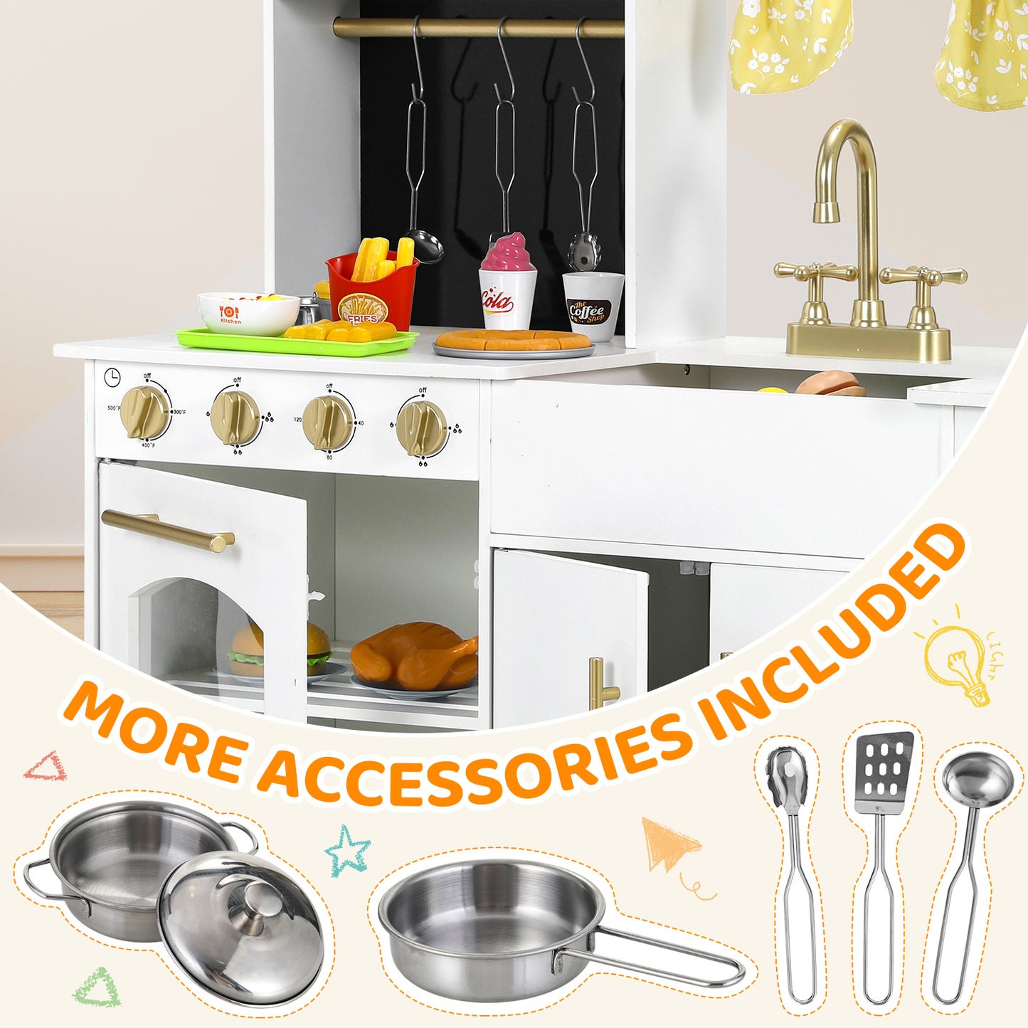 pirecart Kids Play Kitchen, Wooden Pretend Toy Kitchen, Toodler Cooking Playset w/Stove, Sink, Microwave, Water Dispenser, Curtain