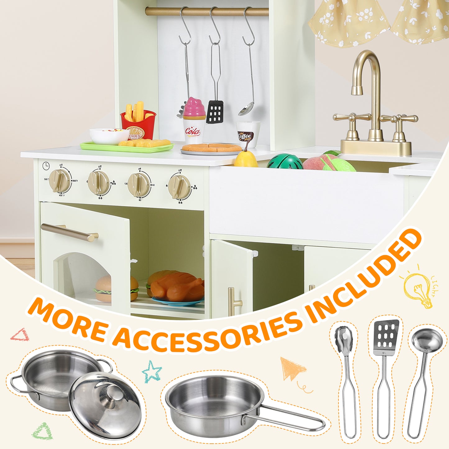 pirecart Kids Play Kitchen, Wooden Pretend Toy Kitchen, Toodler Cooking Playset w/Stove, Sink, Microwave, Water Dispenser, Curtain