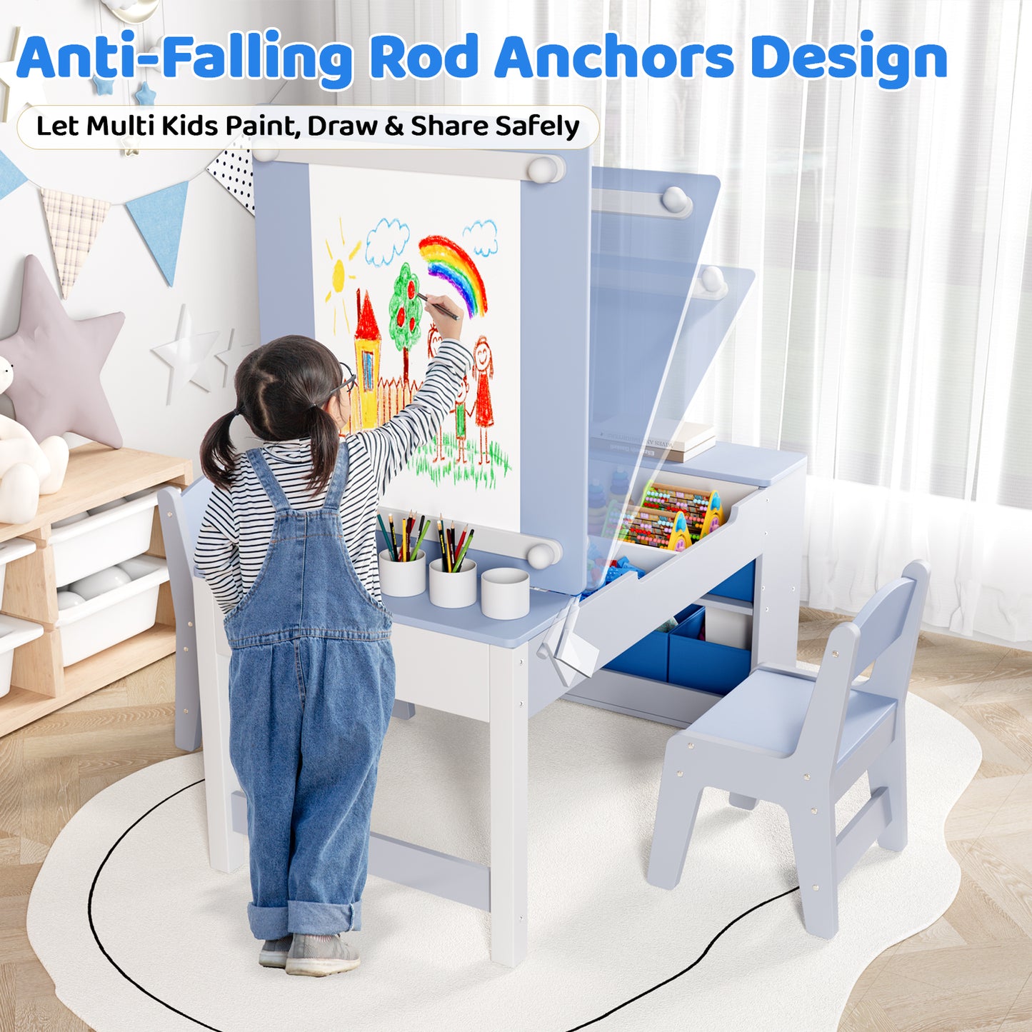 Pirecart 3 in 1 Kids Art Table and Chair Set, Chilldren Art Easel and Wooden Activity Table with 2 Chairs, Storage Bins, Paper Roll, Paint Cups for Draw, Play, Crafts, Read