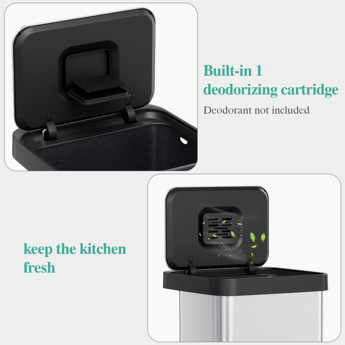 Pirecart 13.2 Gal Stainless Steel Trash Can, Soft-Close Lid Grabage Can with 15 Inner Bags, Rear Trash Bag Storage Compartment, Large Capacity Step Trash Can With Built-In Deodorizer Box