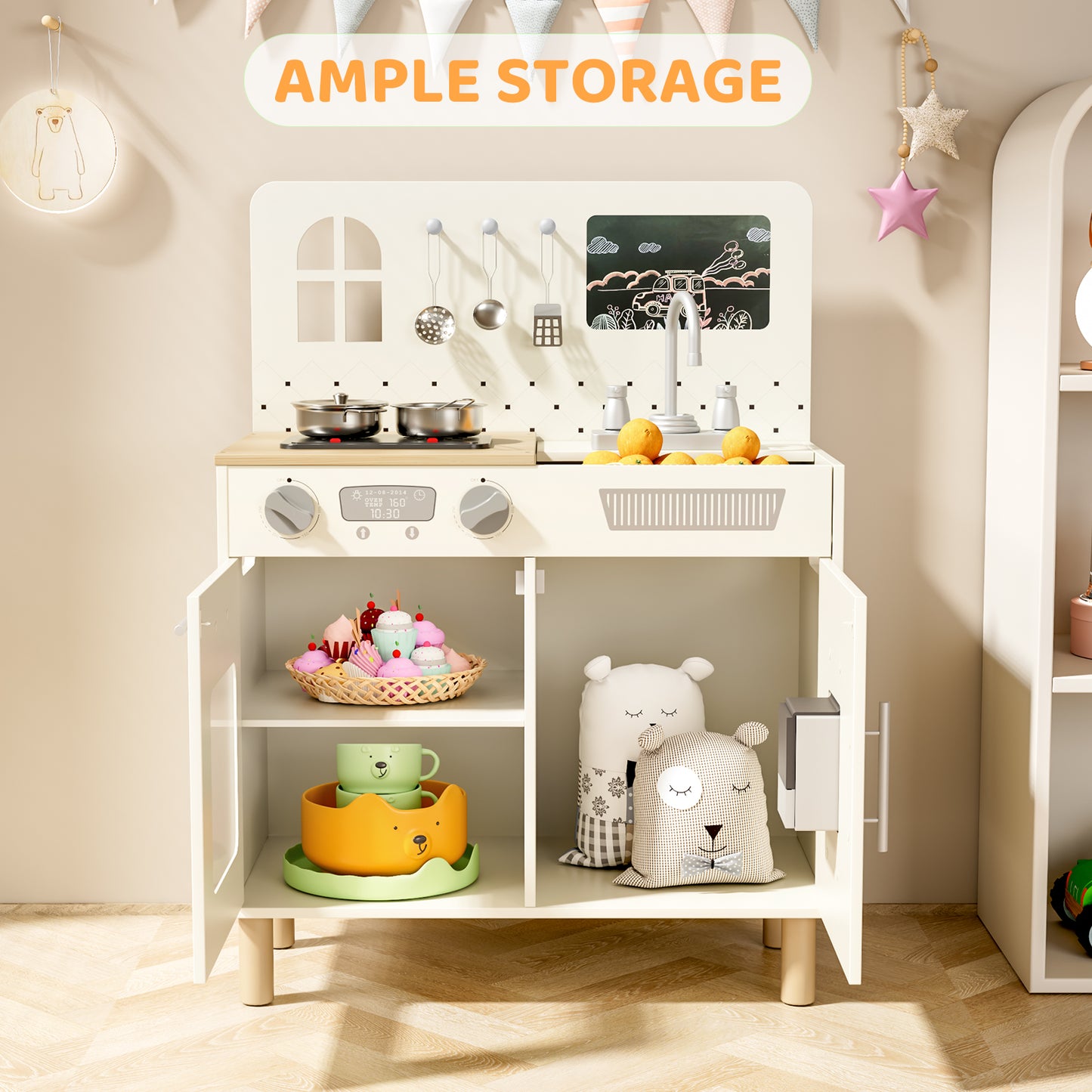 Pirecart Kids Play Kitchen Set, Wooden Kitchen Playset with Real Lights & Sounds, Toddler Pretend Play Kitchen Set with Knob Sounds, Sink, Water Dispenser, 6 Pcs Cookware & Chalkboard Panel