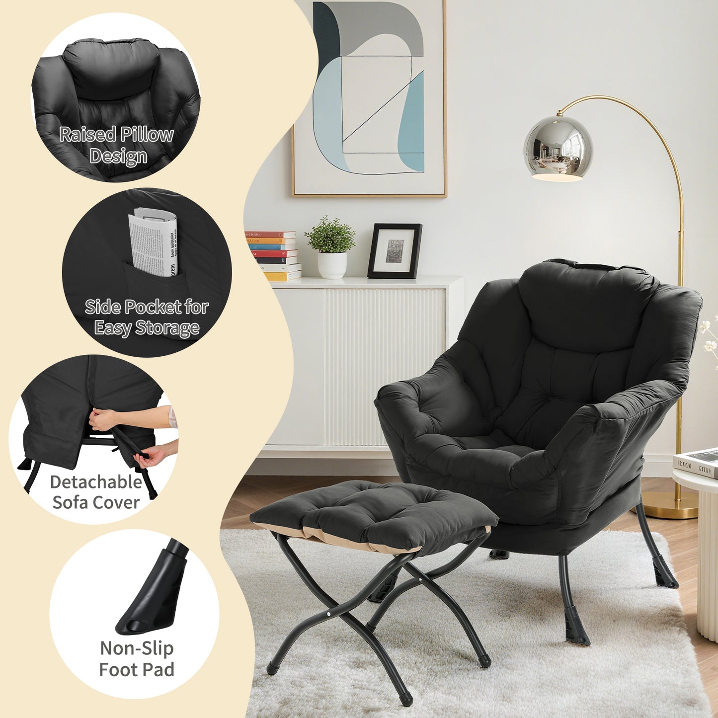 Pirecart Fabric Lazy Chair with Foldable Ottoman and Side Pocket, Large Comfy Chair with Footstool Set Reading Chair Leisure Sofa Chair for Bedroom, Living Room