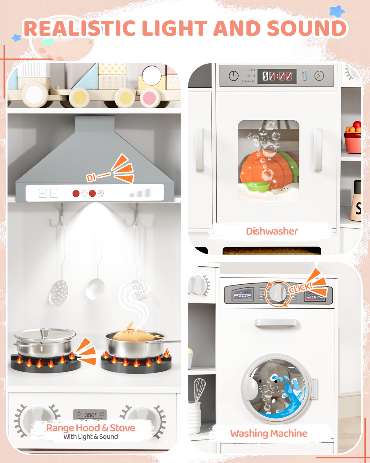 Pirecart Wooden Corner Play Kitchen, Kids Play Kitchen with Blackboard and 6Pcs Cooking Accessories, Toddler Play Kitchen Set with Realistic Sound & Light