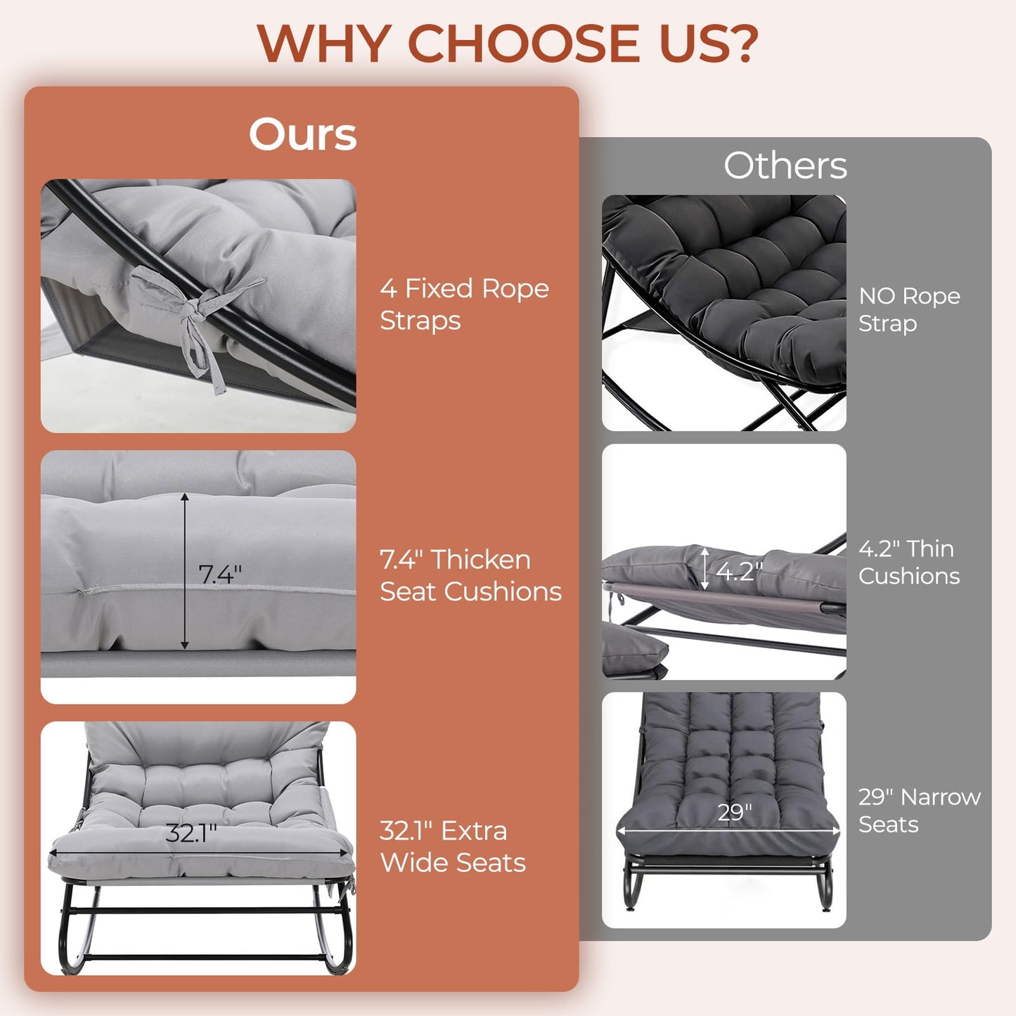 Pirecart Outdoor Papasan Rocking Chair, Lounge Chair with Cushion & Side Pocket, Metal Frame, Patio Rocker Chair for Balcony Backyard