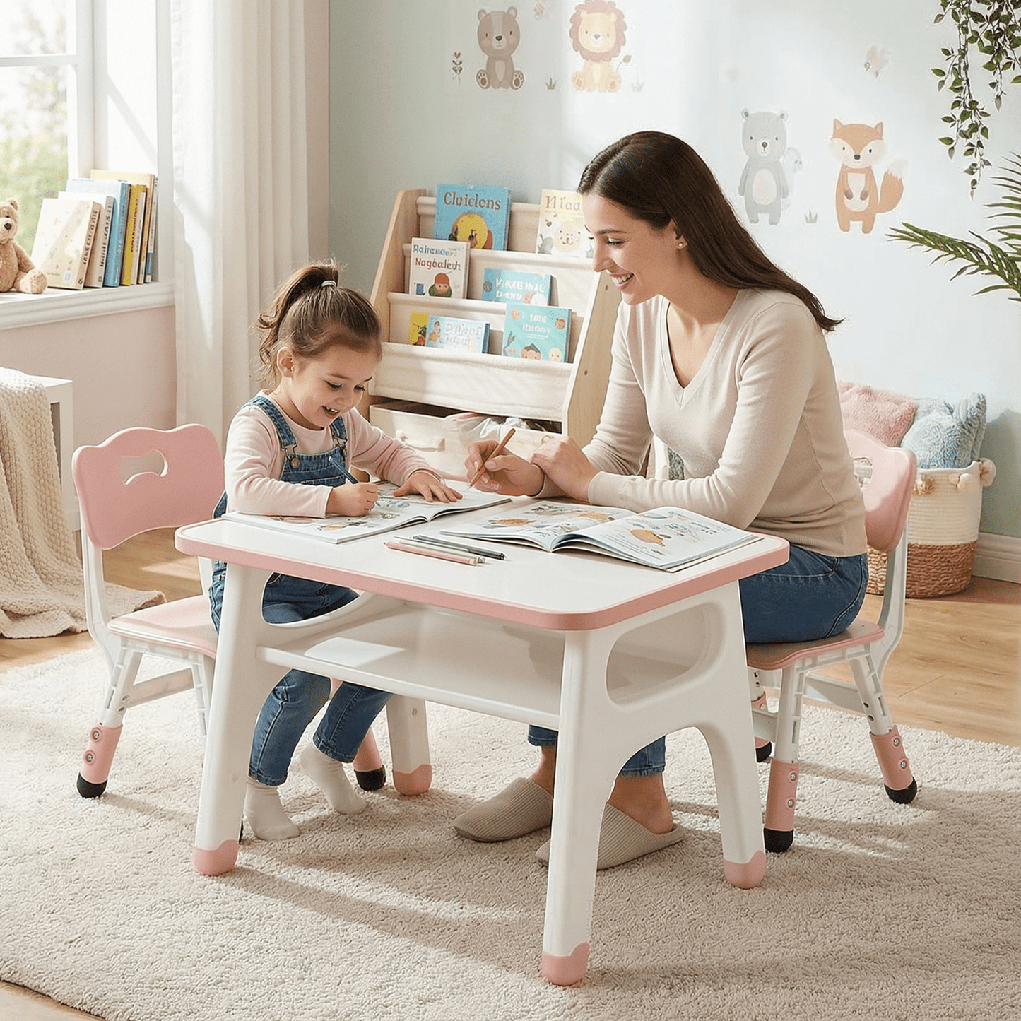 Pirecart Kids Table and 2 Chairs Set, Toddler Activity Table with Graffiti Desktop & Adjustable Height Toddler Chair, Children Activity Table with Large Built-in Storage