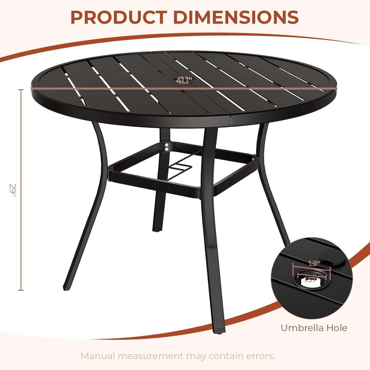 Pirecart 5Pcs Patio Dining Set, 4 Patio 360° Swivel Chairs & 42" Round Metal Table W/1.57"-1.8" Adjustable Umbrella Hole, Outdoor Table and Chairs Set