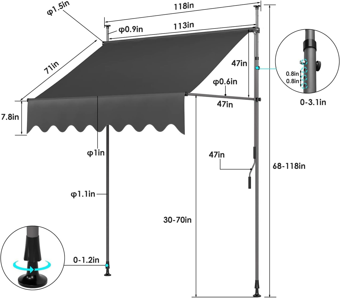 Manual Retractable Awning, Non-Screw Outdoor Retractable Patio Awning, Height Adjustable Sun Shade Awning, Made of Polyester with UV Protection – Ideal for Any Window or Door (Gray)