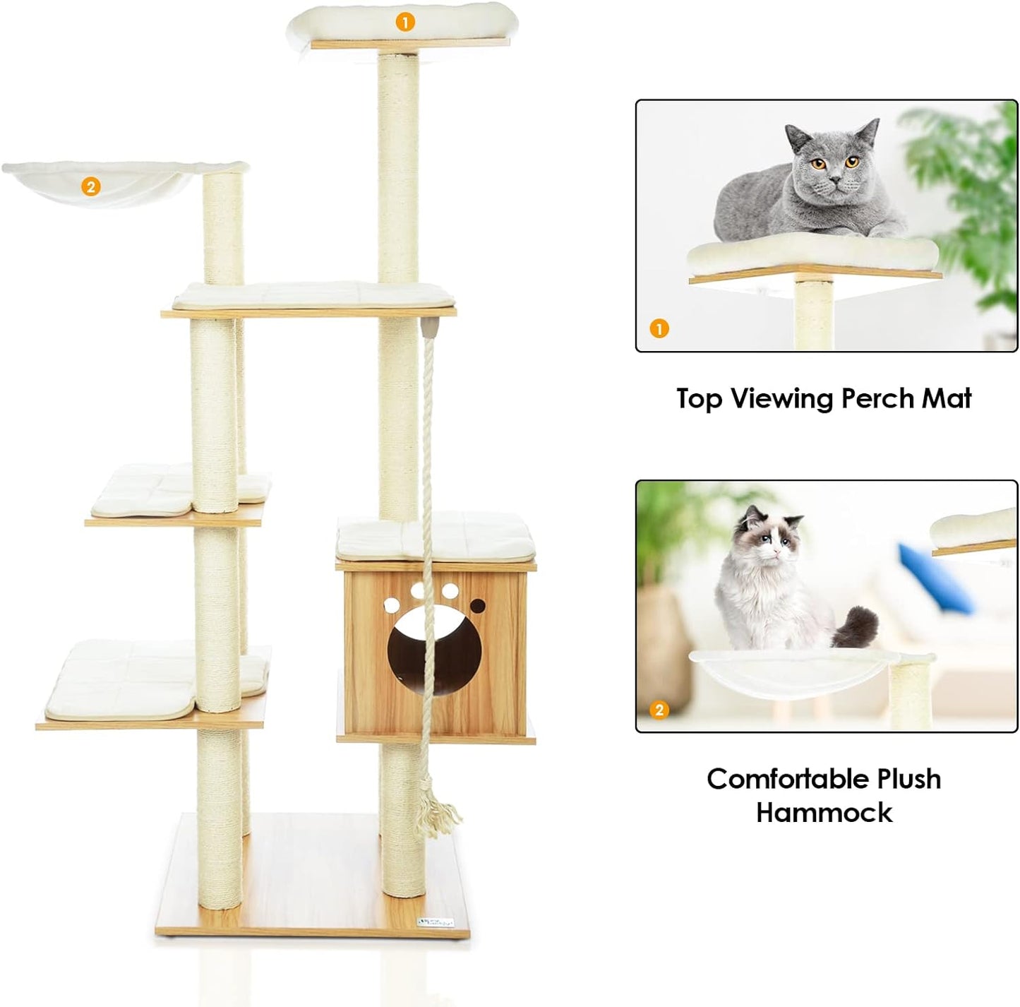 pirecart 69in Cat Tree Tower Wood Multi-Level Cat Climbing Stand with Sisal Scratching Post