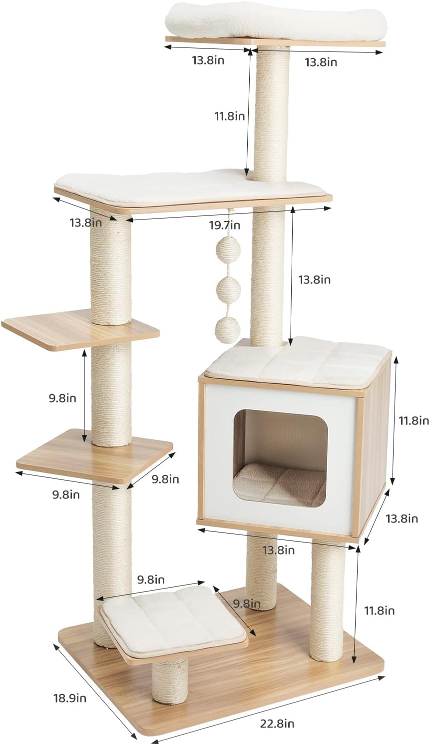 pirecart Modern Cat Tree Tower, 55 in Wooden Cat Climbing Stand Furniture with Scratch Post