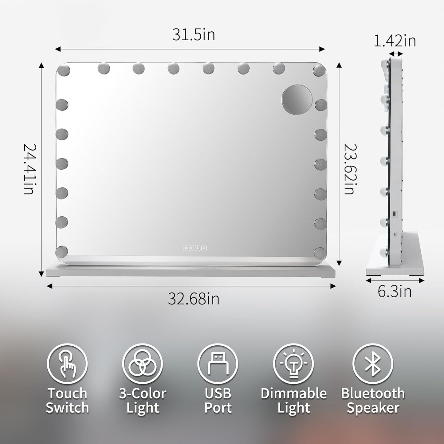 pirecart 24.4" x 32.6" Hollywood Vanity Mirror with 20 Dimmable Bulbs, 10X Magnification and USB Charging Port