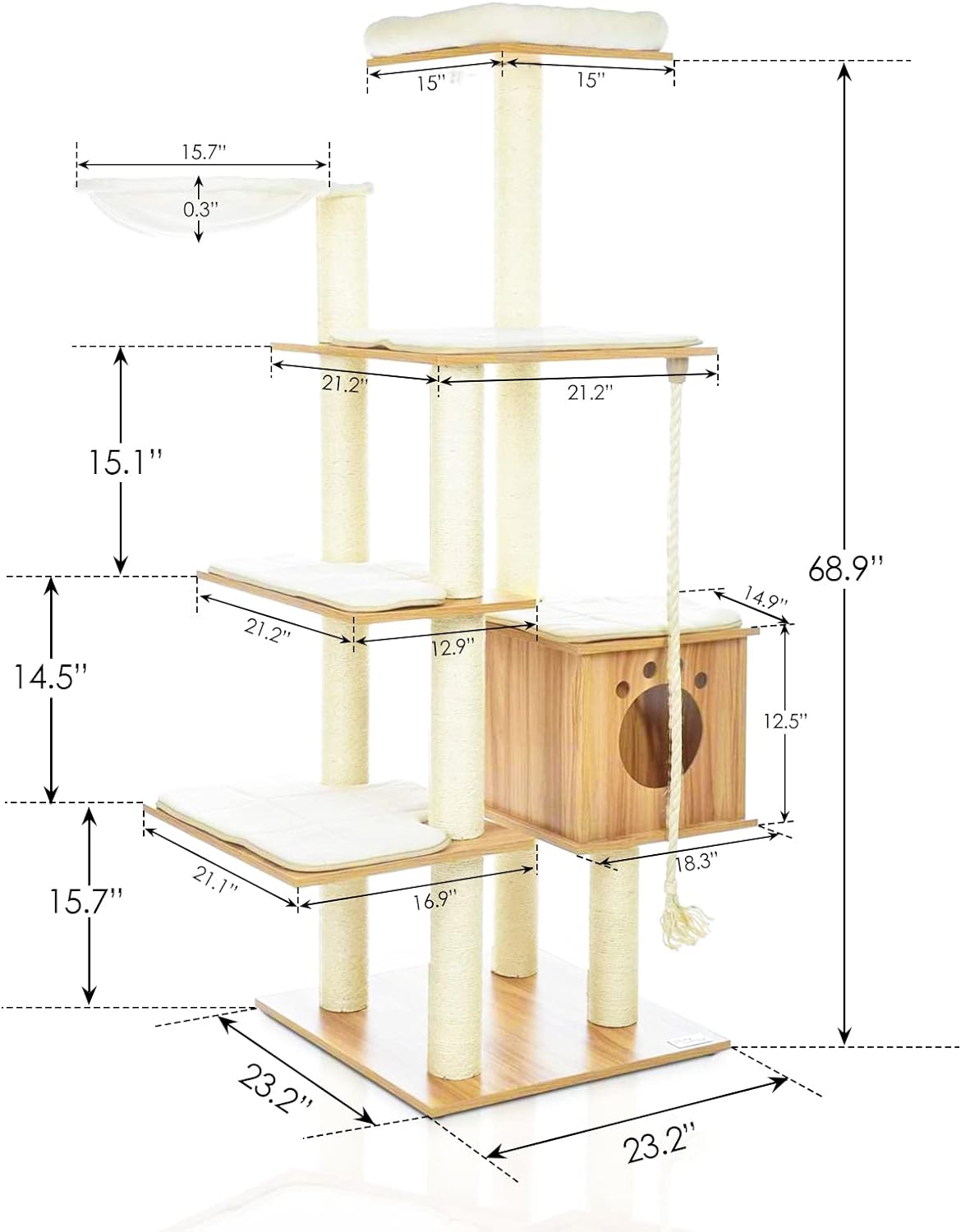 pirecart 69in Cat Tree Tower Wood Multi-Level Cat Climbing Stand with Sisal Scratching Post