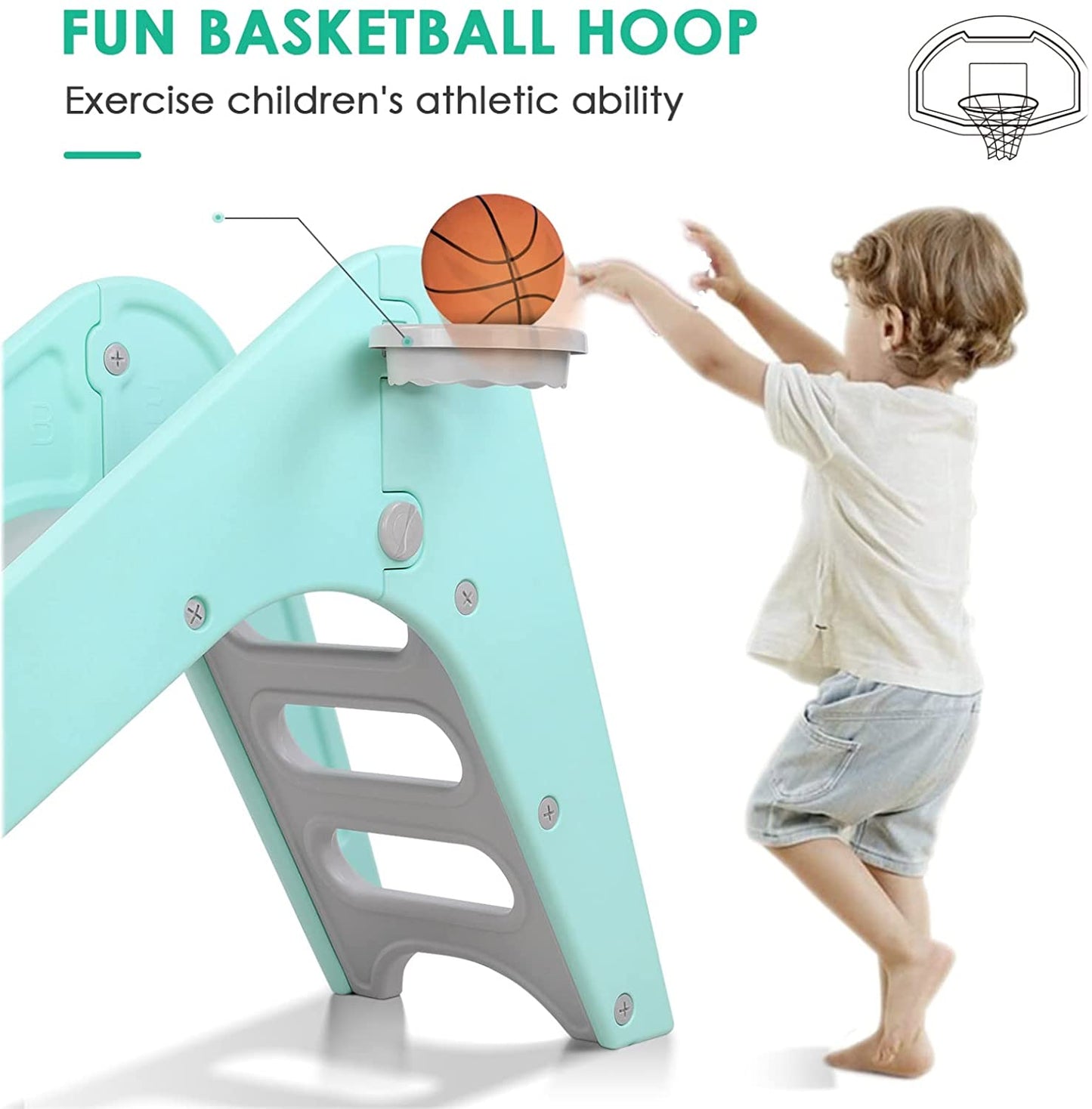 pirecart Freestanding Kids Slide, Toddler Slide Climber with Basketball Hoop