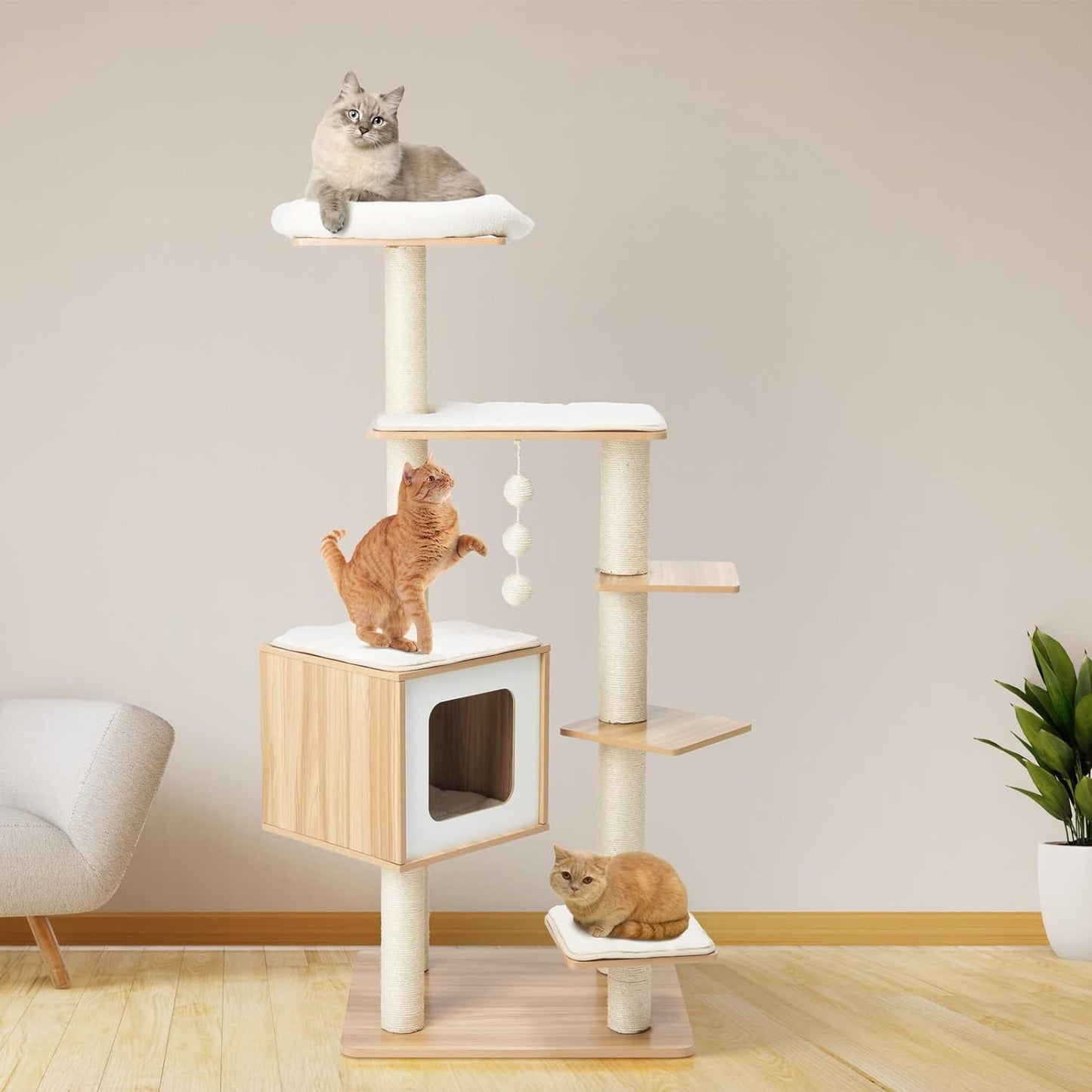 pirecart Modern Cat Tree Tower, 55 in Wooden Cat Climbing Stand Furniture with Scratch Post