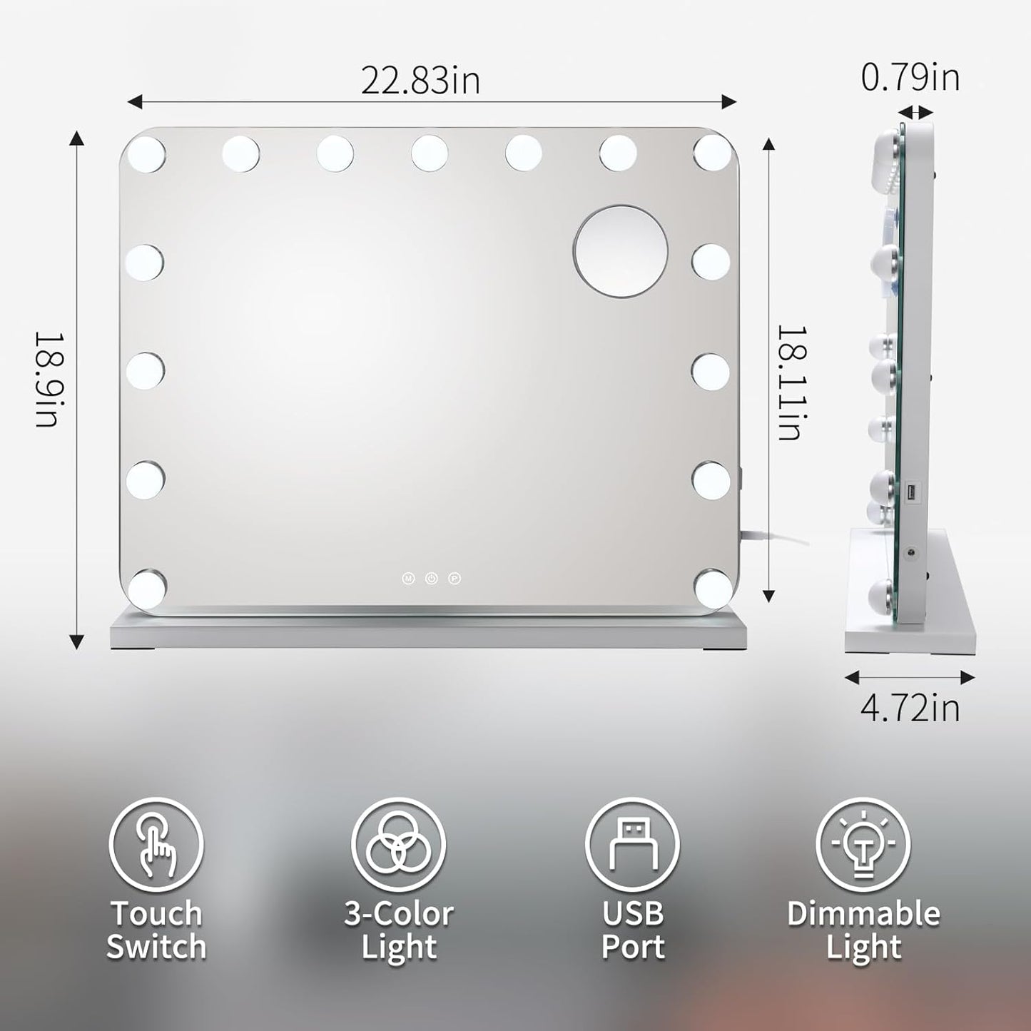 pirecart 22.8"x18.9"/31.5"x23.6" Hollywood Vanity Mirror with Light, 3 Color Lights Touch Control