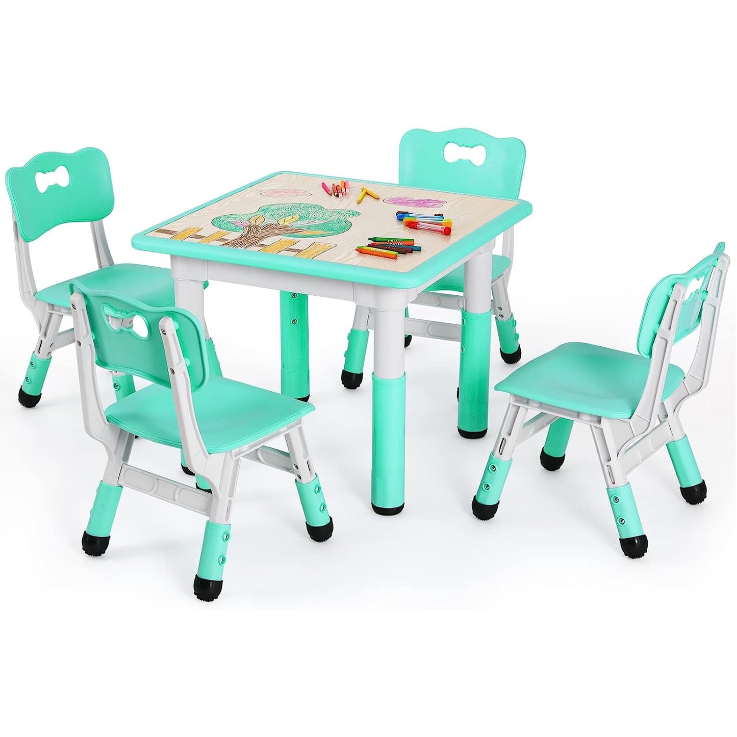 pirecart Kids Study Table and 4 Chair Set, Height Adjustable Toddler Table and Chair Set