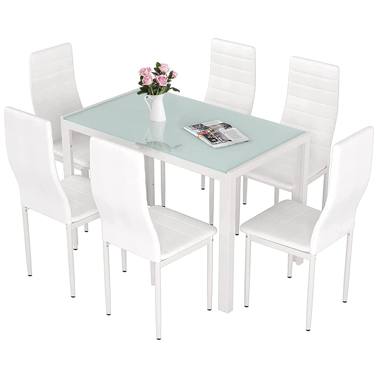 pirecart 7 Pieces Dining Table with 6 PU Leather Chairs with Glass Tabletop