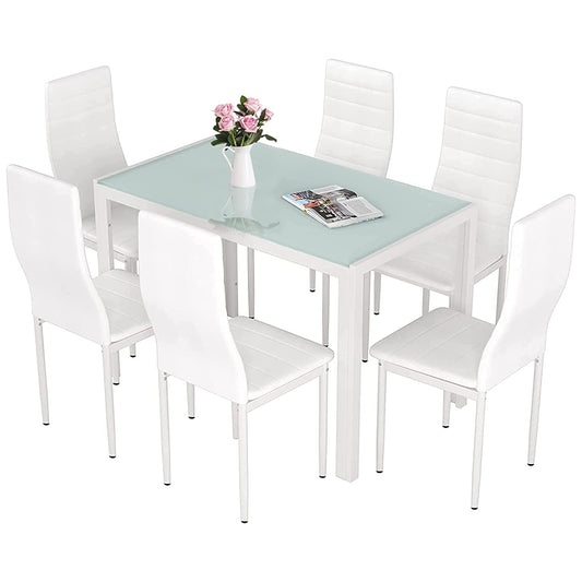 pirecart 7 Pieces Dining Table with 6 PU Leather Chairs with Glass Tabletop