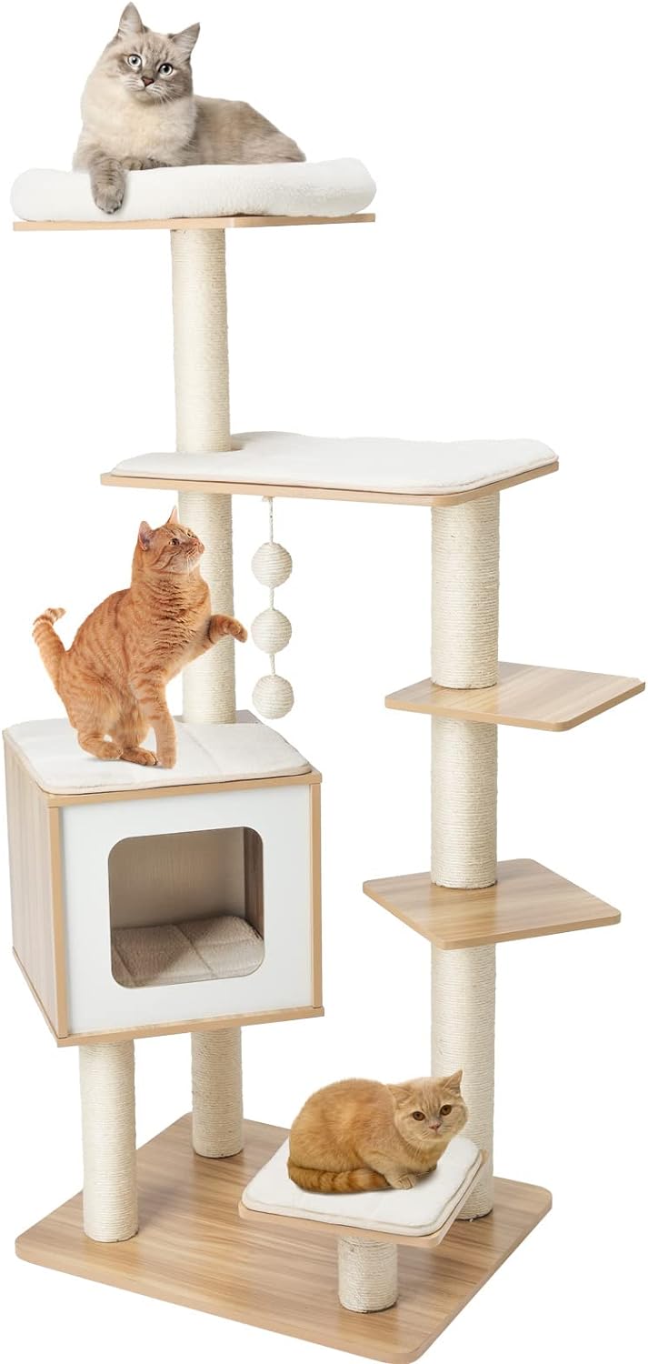 pirecart Modern Cat Tree Tower, 55 in Wooden Cat Climbing Stand Furniture with Scratch Post