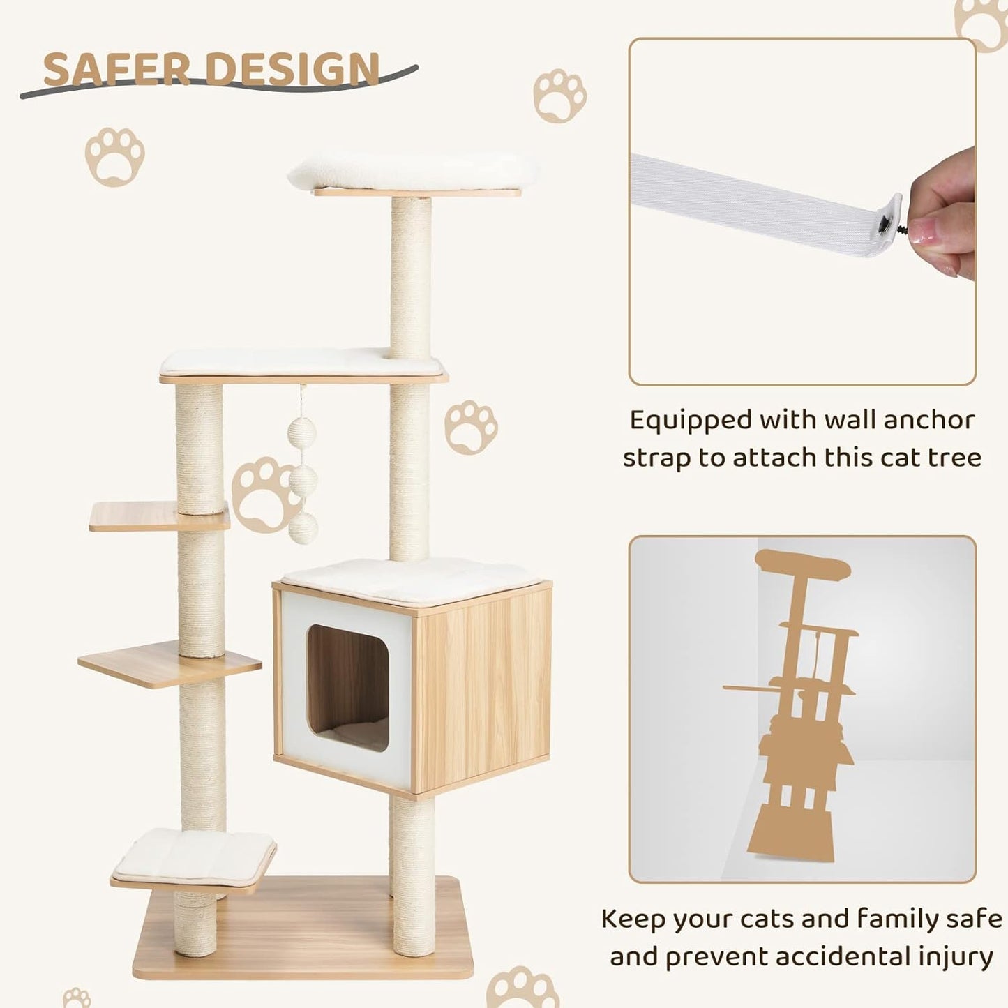 pirecart Modern Cat Tree Tower, 55 in Wooden Cat Climbing Stand Furniture with Scratch Post