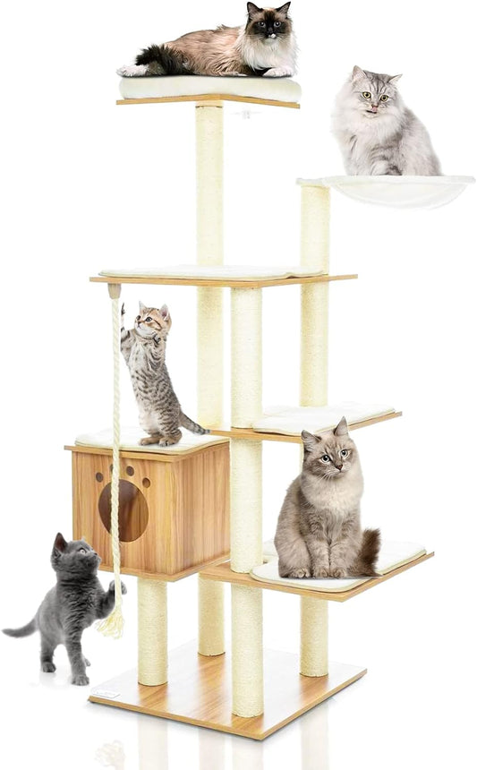 pirecart 69in Cat Tree Tower Wood Multi-Level Cat Climbing Stand with Sisal Scratching Post