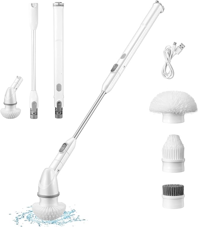 PIRECART Electric Spin Scrubber, Cordless Shower Scrubber with 4 Replaceable Brush Heads and 2 Level Adjustable Extension Handle, Power Shower Cleaning Brush for Bathroom, Tub, Tile, Floor, White