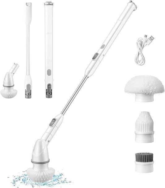 PIRECART Electric Spin Scrubber, Cordless Shower Scrubber with 4 Replaceable Brush Heads and 2 Level Adjustable Extension Handle, Power Shower Cleaning Brush for Bathroom, Tub, Tile, Floor, White