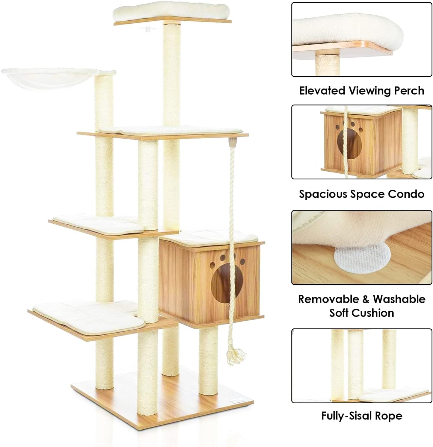 pirecart 69in Cat Tree Tower Wood Multi-Level Cat Climbing Stand with Sisal Scratching Post