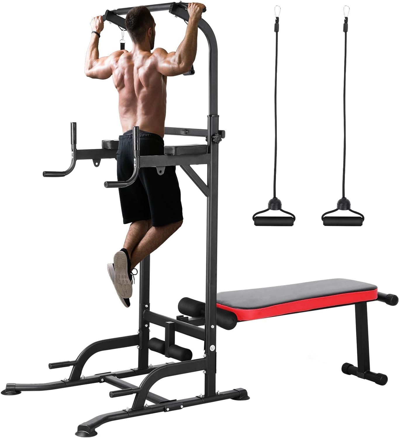 pirecart Power Tower with Bench, Pull Up Bar Stand Dip Station for Home Gym