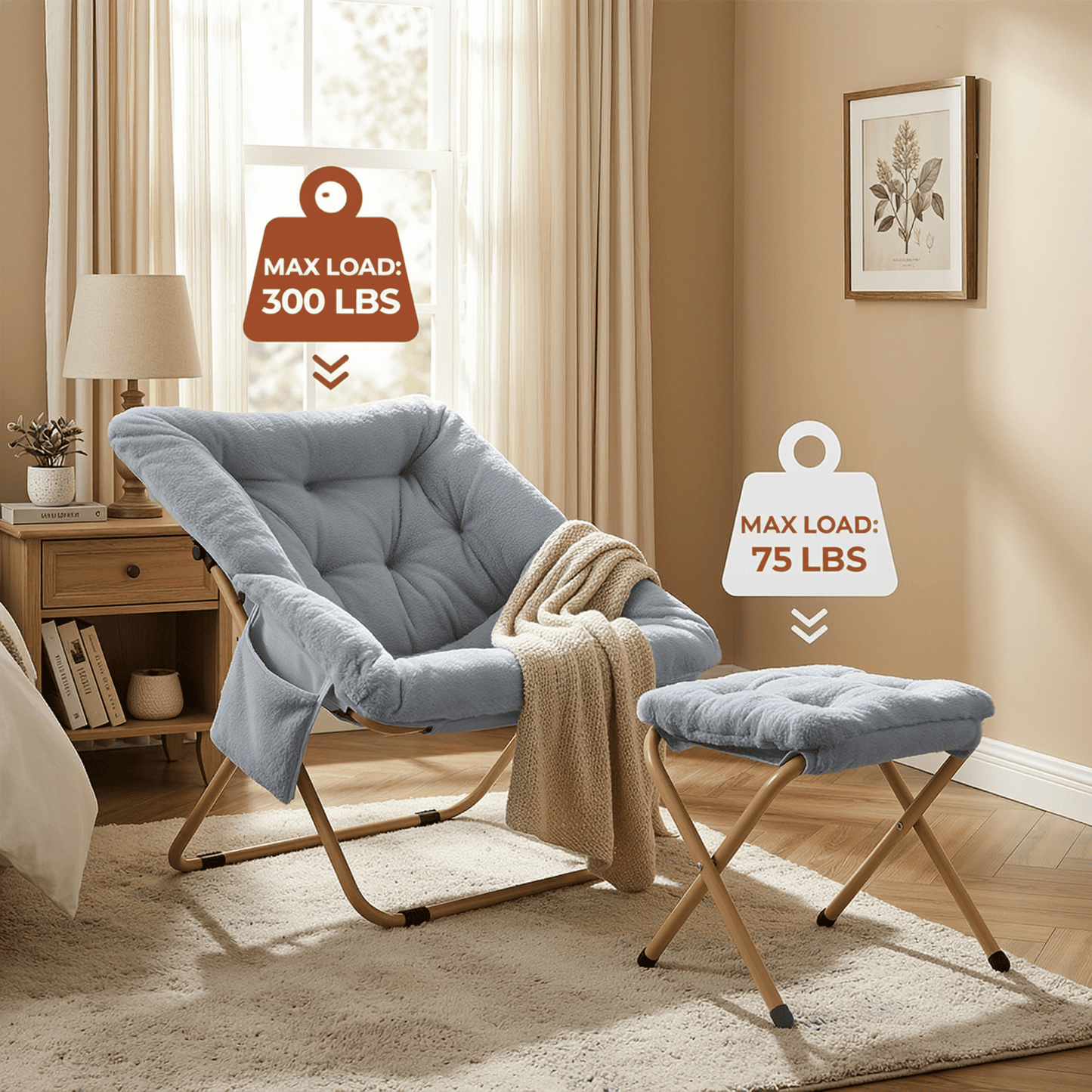 Pirecart Comfy Moon Chair, Foldable Soft Faux Fur Lounge Chair for Living Room, Bedroom, Dorms, X-Large Reading Chair