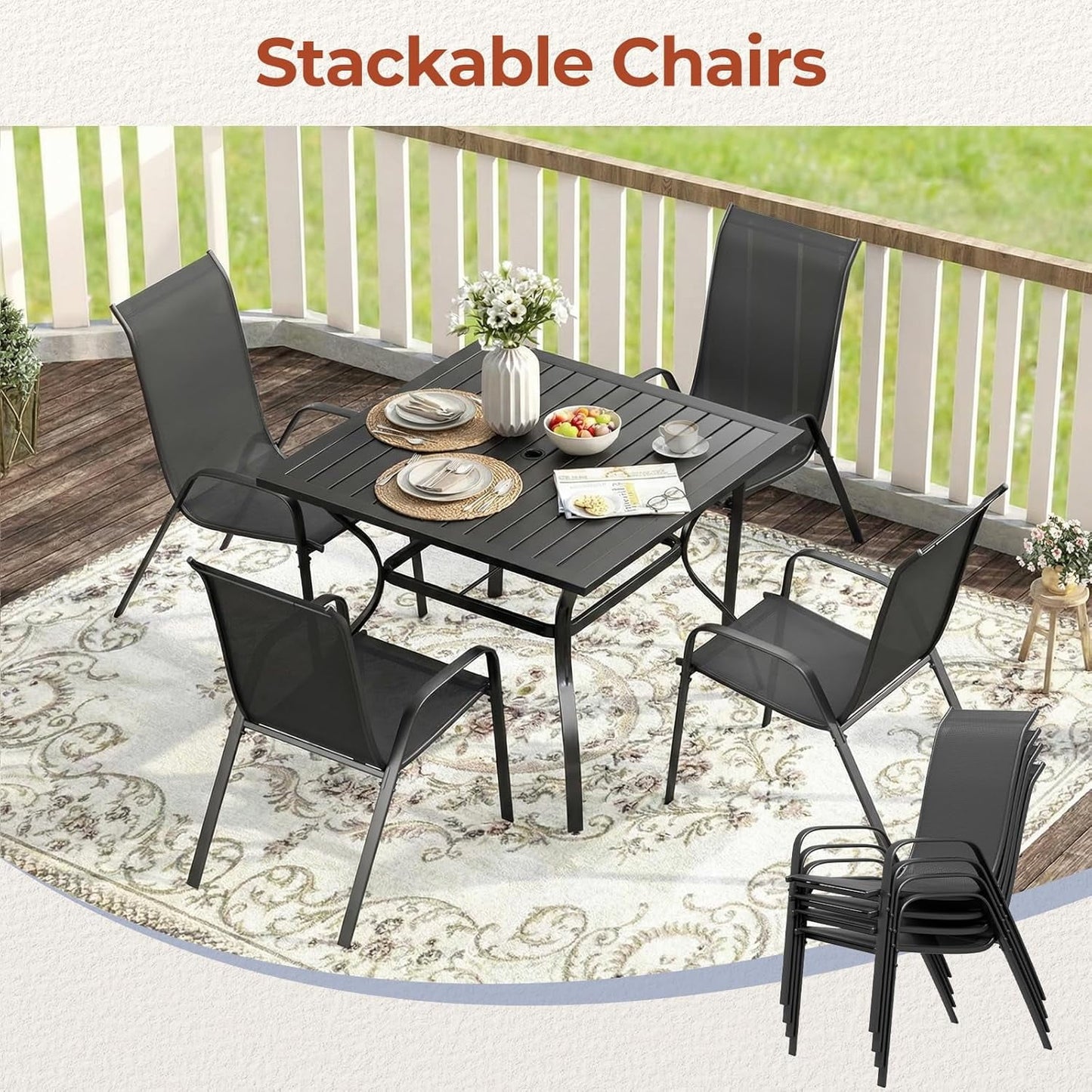 Pirecart Outdoor Dining Set of 5, Patio Dining Set W/1.57"-1.8" Adjustable Umbrella Hole & Foot Pads, All Weather 37" Square Metal Table and 4 Stackable Textilene Chair