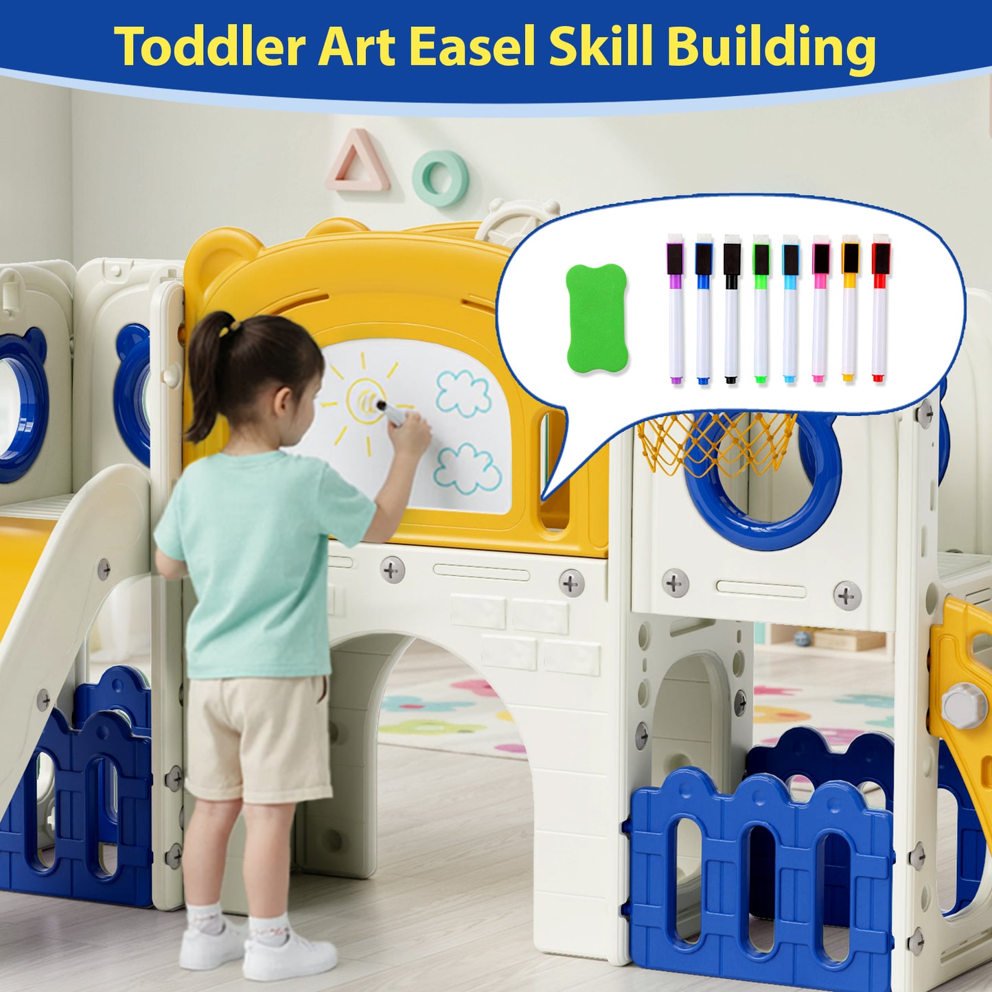 Pirecart 10-in-1 Kids Slide, Indoor Outdoor Toddler Slide Playground with Drawing Board, Basketball Hoop, Tunnel & Storage for Playroom, Kindergarten, Backyard, Gift for Children Age 3+