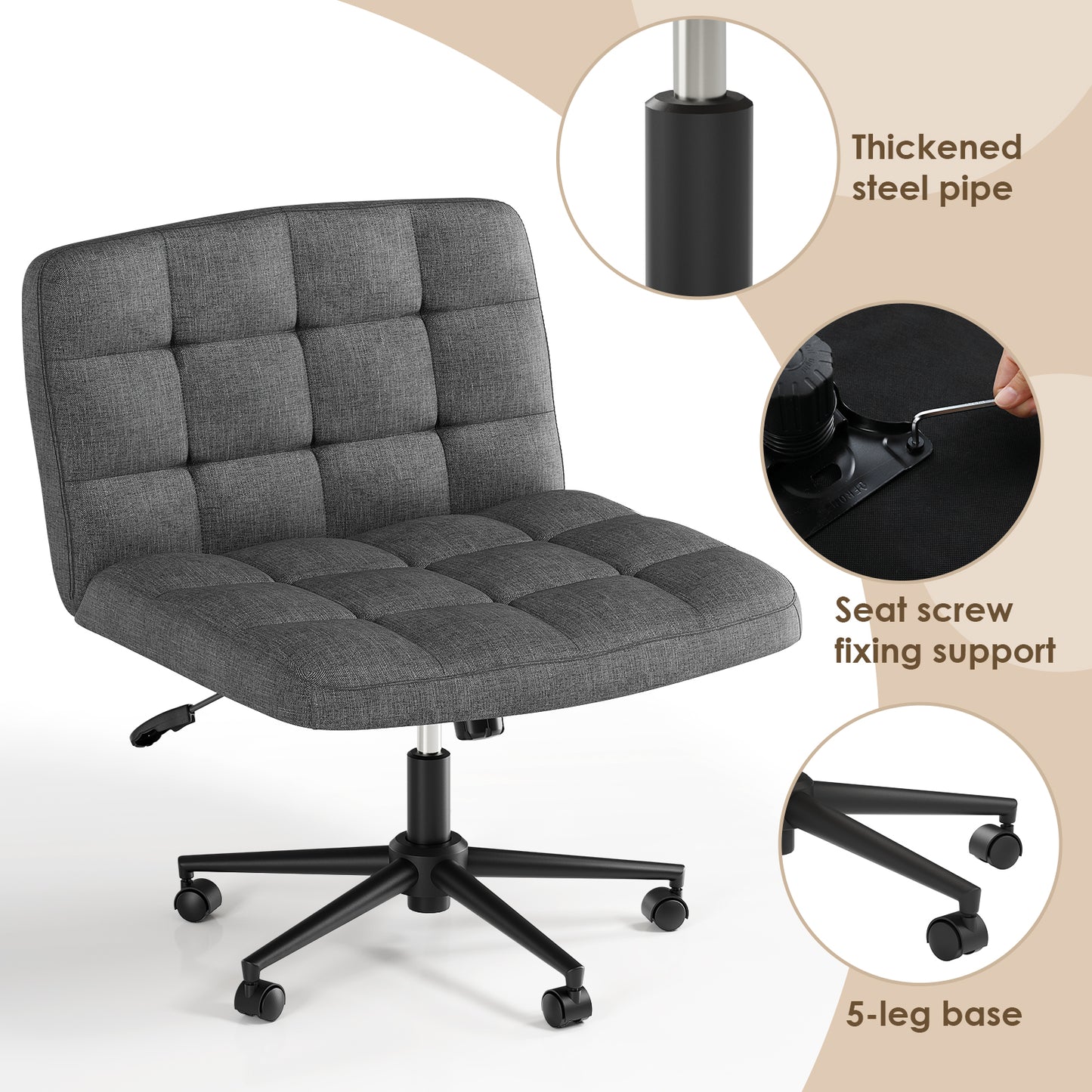 Pirecart Criss Cross Legged Chair, Comfy Swivel Armless Chair with Wheels and Wide Cushion, Height Adjustable Vanity Chair for Bedroom, Office, Desk, Linen