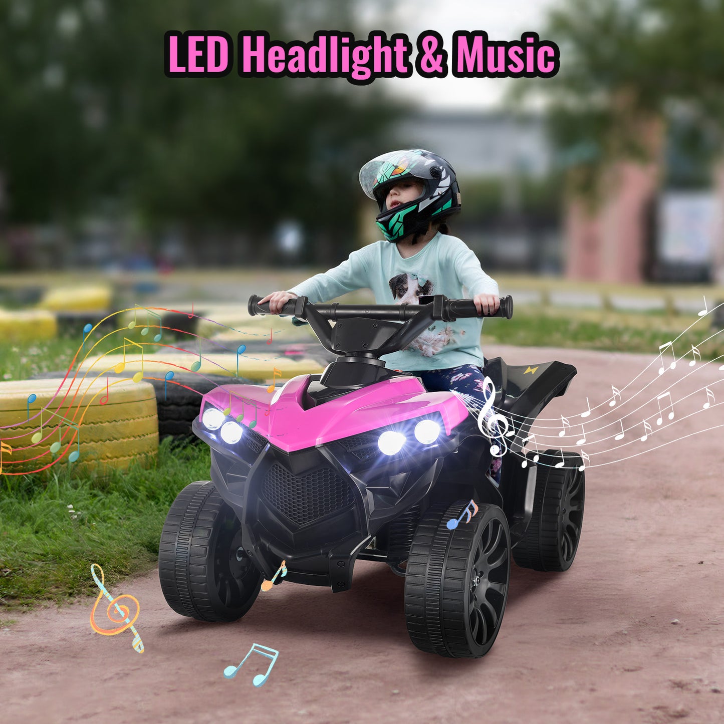 Pirecart 6V Kids Ride On Toy, ATV 4 Wheeler for Toddler, Electric Quad Play Car with Music, Headlights, Pedal Accelerator, Anti-skid Tires, Indoor Outdoor Playroom for Boys Girls