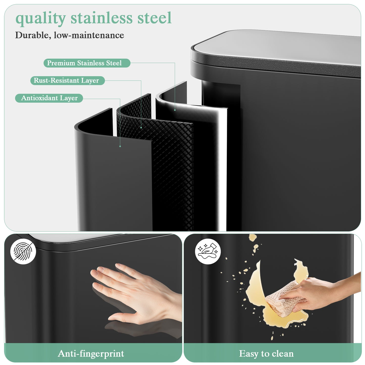 Pirecart 13.2 Gal Trash Can, Stainless Steel Garbage Can with Removable Inner Bucket & Handle, Square Garbage Bin with Soft Lid for Kitchen, Living Room