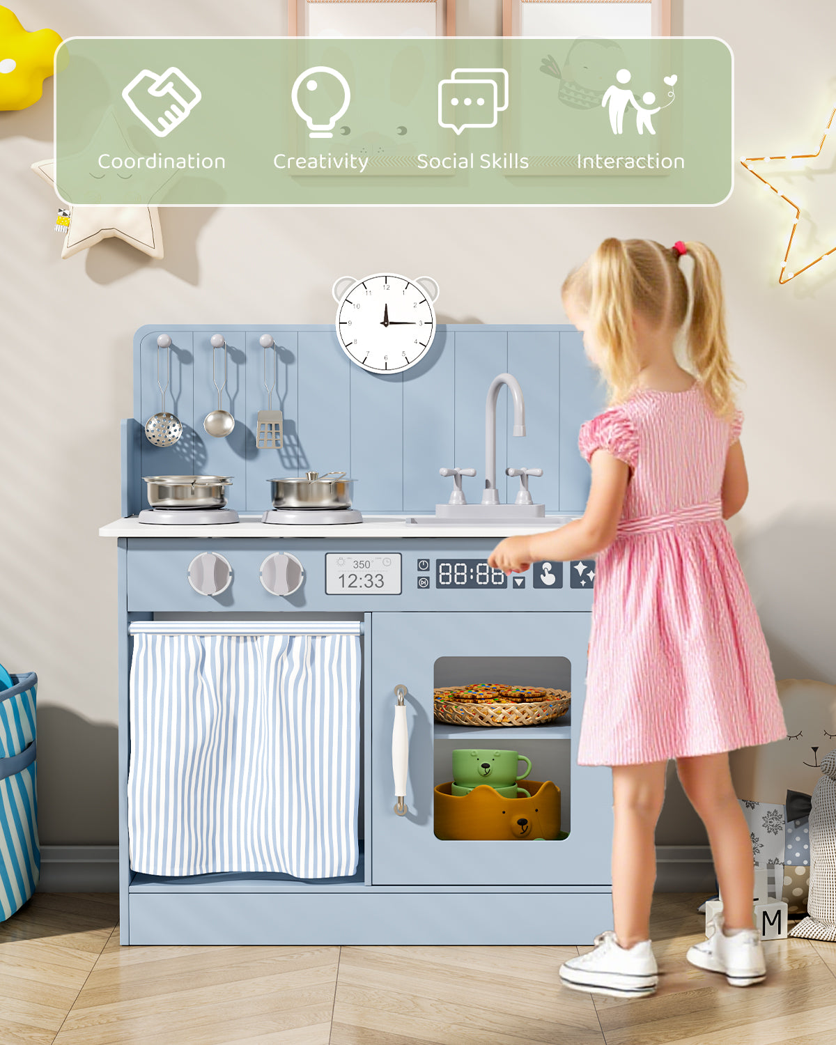 Pirecart Kids Play Kitchen with Ample Storage and Cooking Accessories, Toddler Kitchen Playset with Simulated Gas Tray, Clicking Knobs, Sink, Faucet