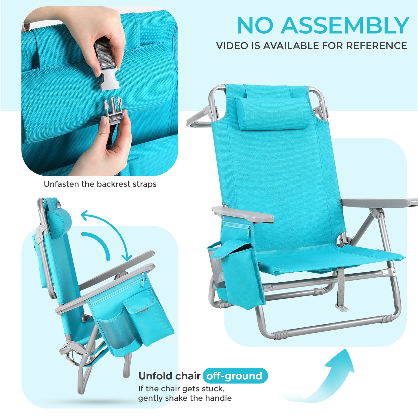 Foldable Beach Chair, 5-Position Lay Flat Reclining Beach Chair W/ Headrest, Storage Bag, Cooler Pouch,Towel Bar, Foot Mat