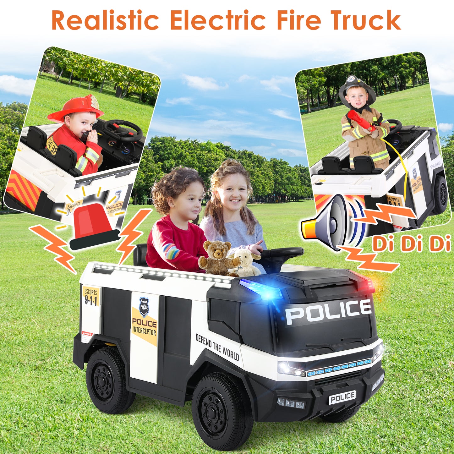 Pirecart 12V Kids Ride on Car Electric Powered Fire Truck Car with Remote Control, LED Light, Siren and Water Gun