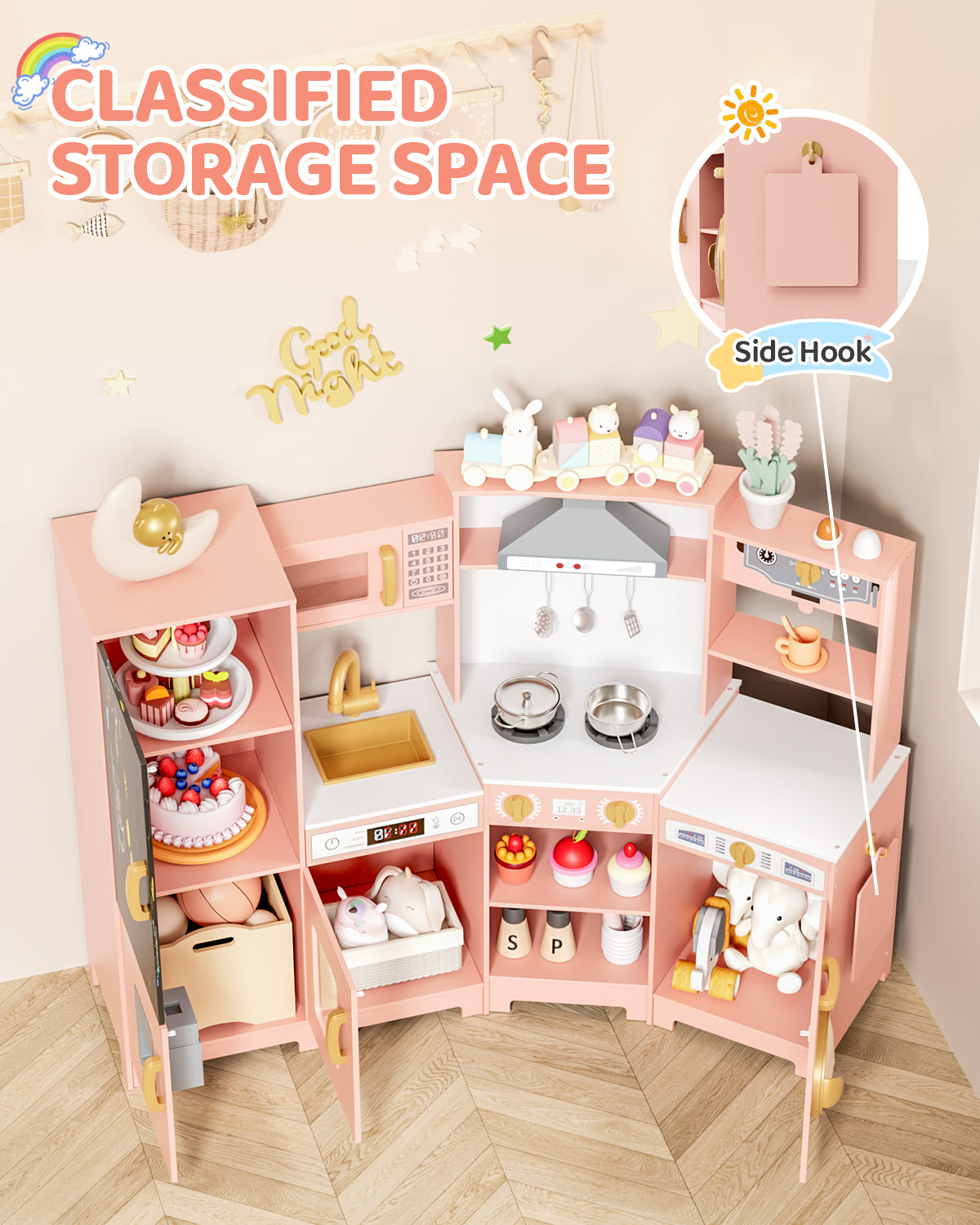 Pirecart Wooden Corner Play Kitchen, Kids Play Kitchen with Blackboard and 6Pcs Cooking Accessories, Toddler Play Kitchen Set with Realistic Sound & Light