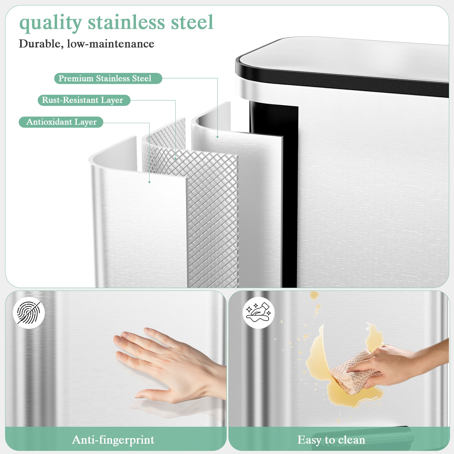 Pirecart 13.2 Gal Trash Can, Stainless Steel Garbage Can with Removable Inner Bucket & Handle, Square Garbage Bin with Soft Lid for Kitchen, Living Room