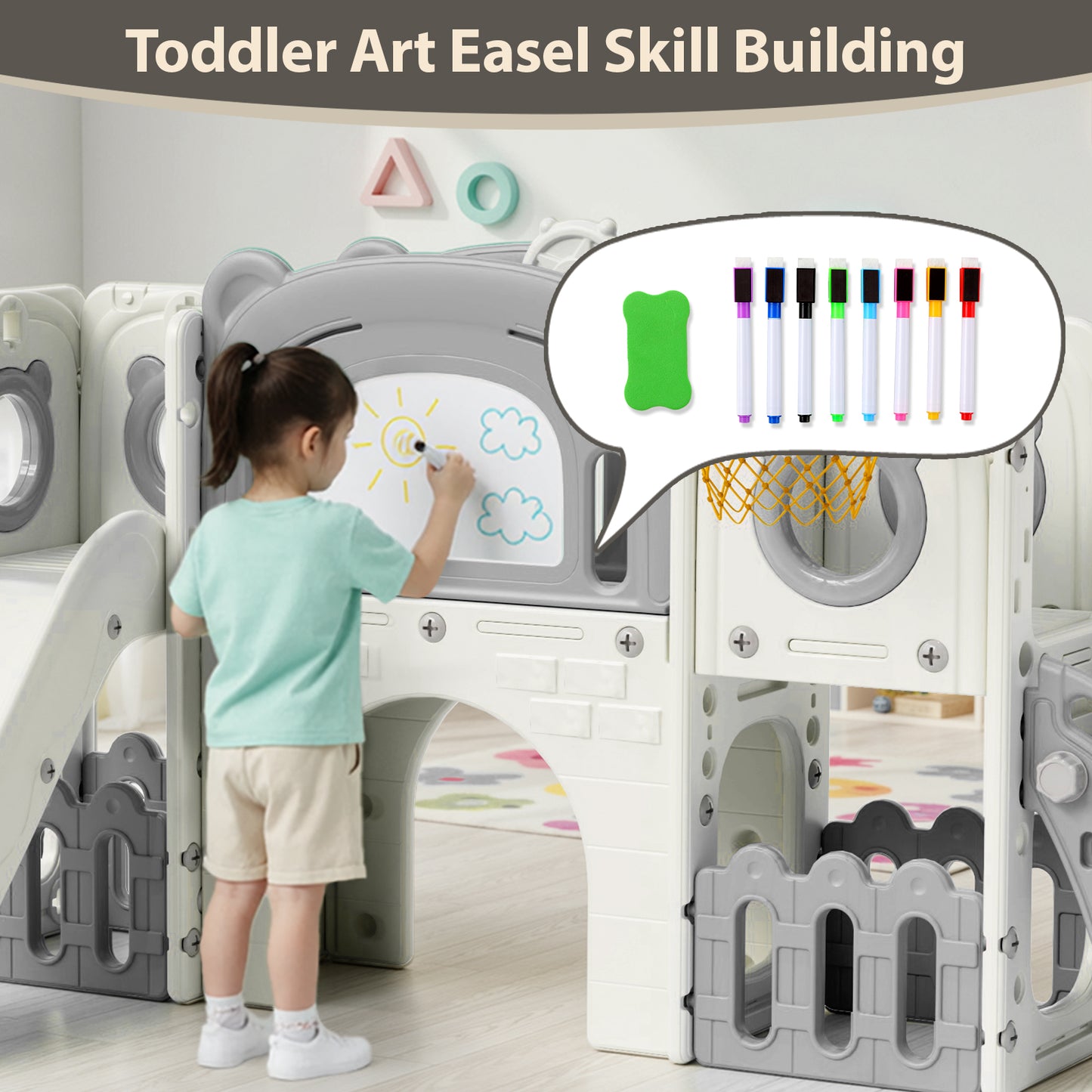 Pirecart 10-in-1 Kids Slide, Indoor Outdoor Toddler Slide Playground with Drawing Board, Basketball Hoop, Tunnel & Storage for Playroom, Kindergarten, Backyard, Gift for Children Age 3+