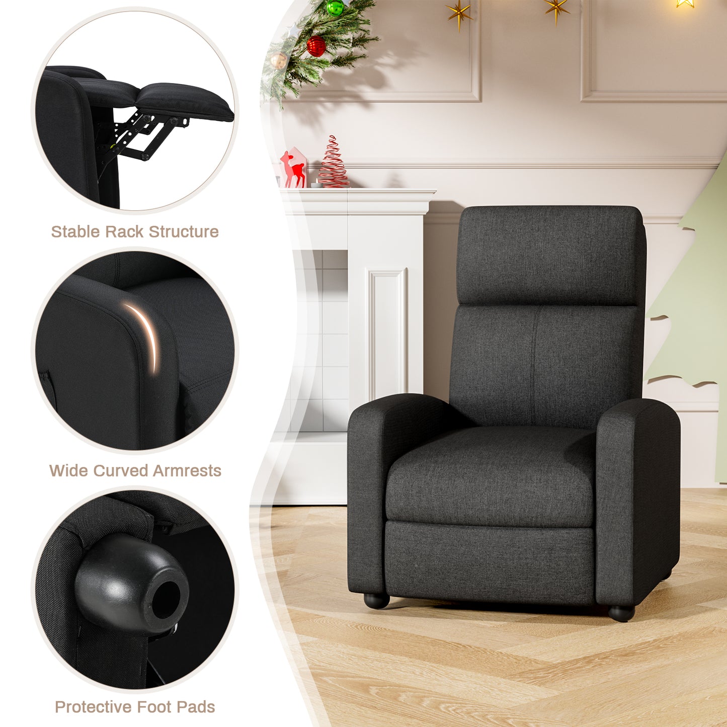 Pirecart Fabric Reclining Chair, Single Sofa Chair with Thicker Seat Cushion and a Side Pocket, Home Theater Seating with Adjustable Backrest and Footrest