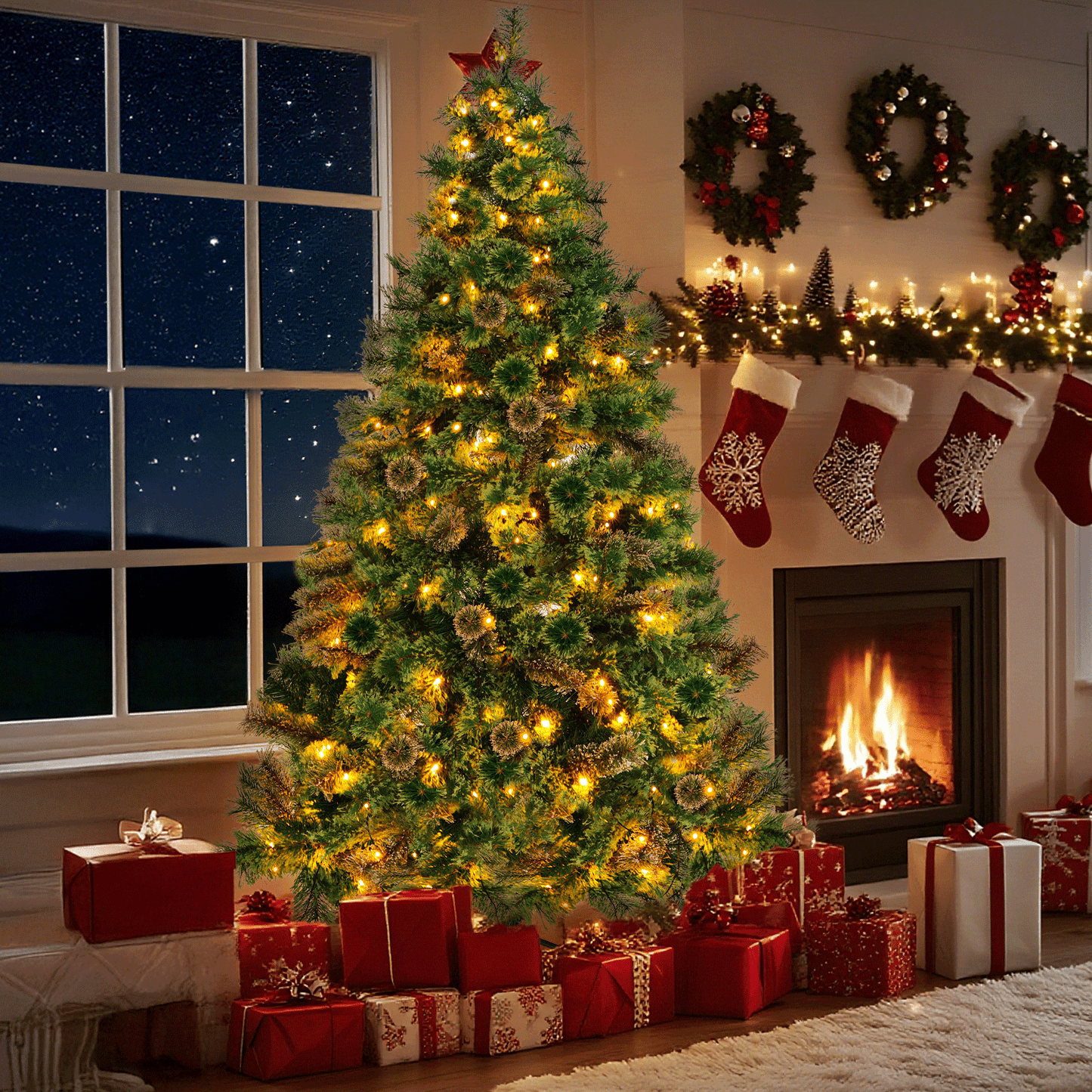 pirecart 6/8/9ft Artificial Holiday Christmas Tree Standing Xmas Tree W/Pre-lighted Decor