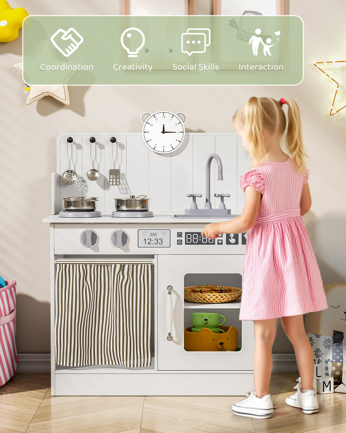 Pirecart Kids Play Kitchen with Ample Storage and Cooking Accessories, Toddler Kitchen Playset with Simulated Gas Tray, Clicking Knobs, Sink, Faucet