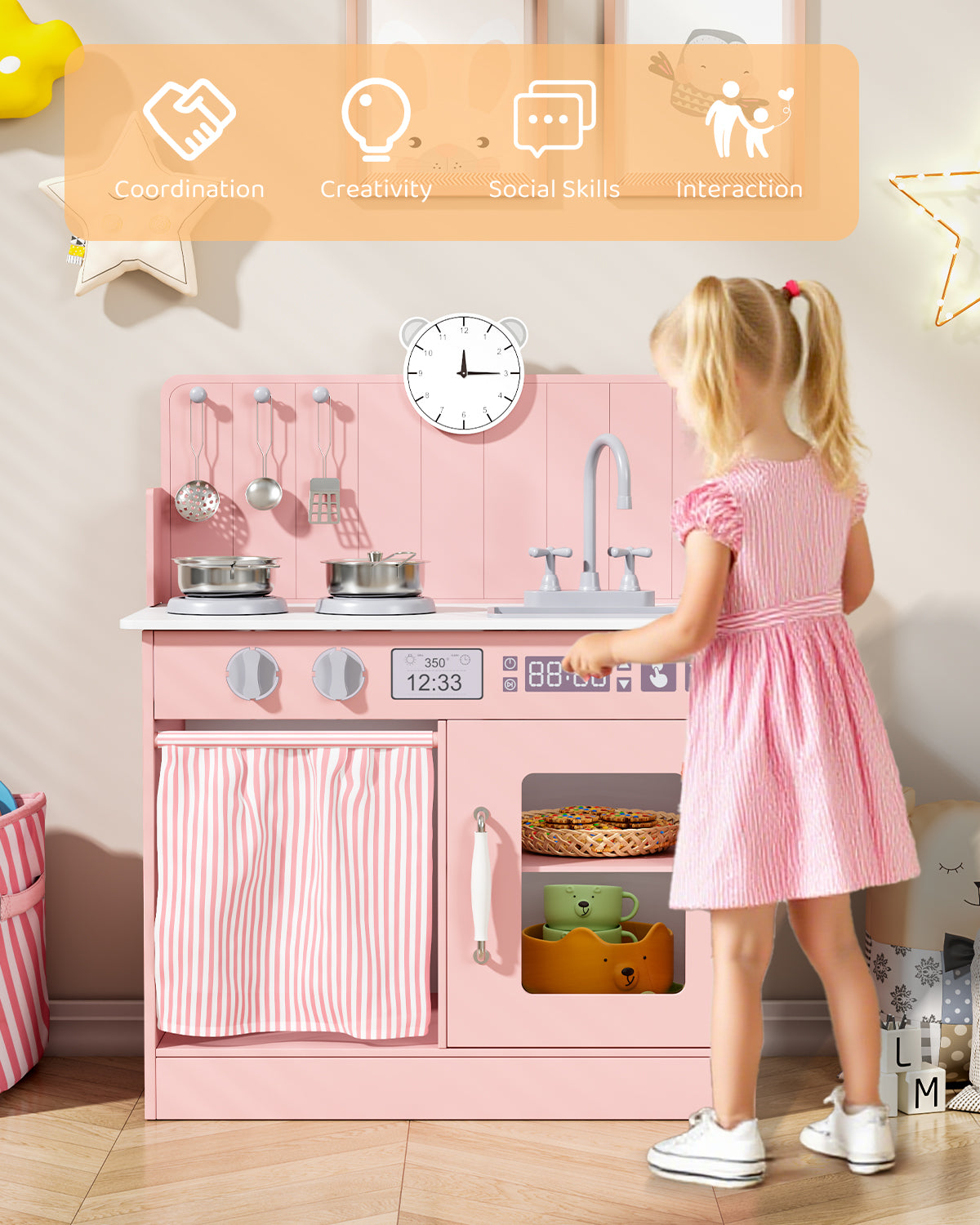Pirecart Kids Play Kitchen with Ample Storage and Cooking Accessories, Toddler Kitchen Playset with Simulated Gas Tray, Clicking Knobs, Sink, Faucet