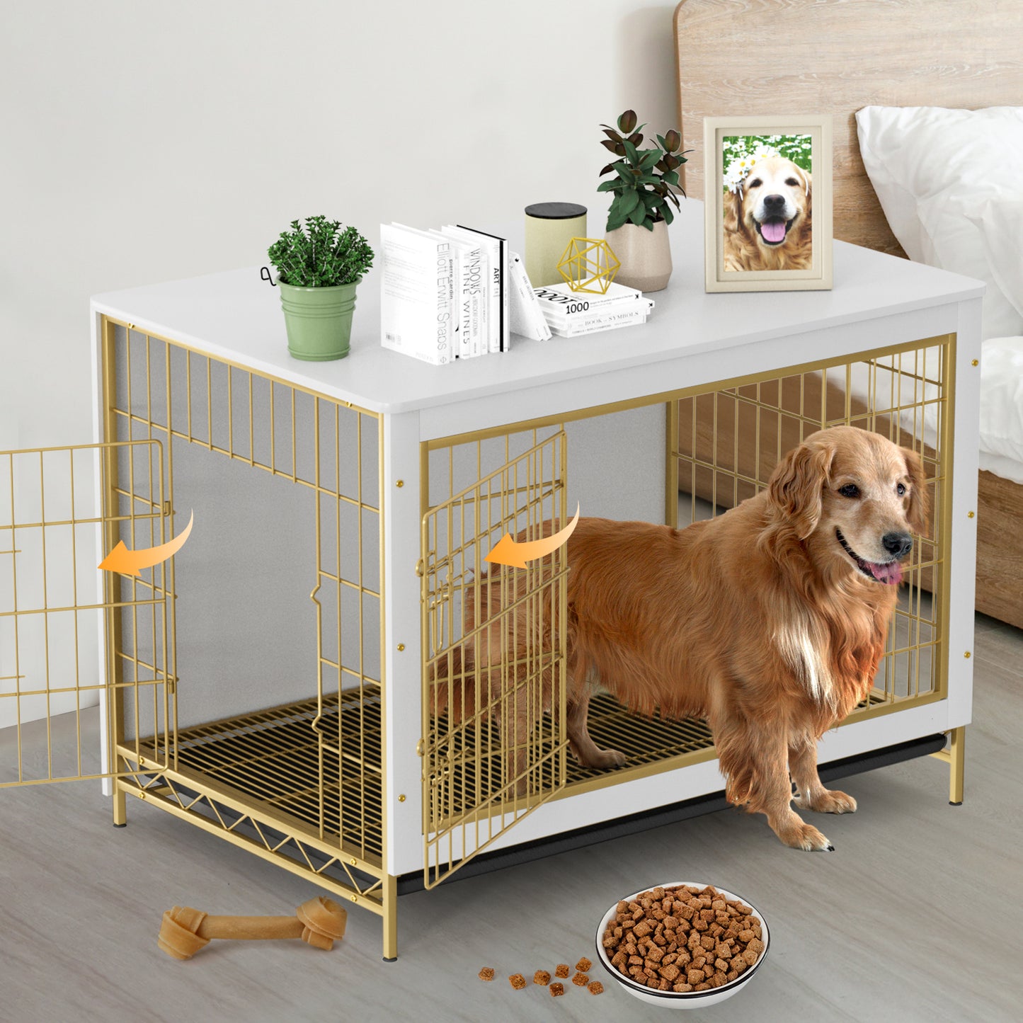 pirecart 44.1in Dog Crate Furniture Wooden Side End Table, Modern Dog Kennel with Double Doors